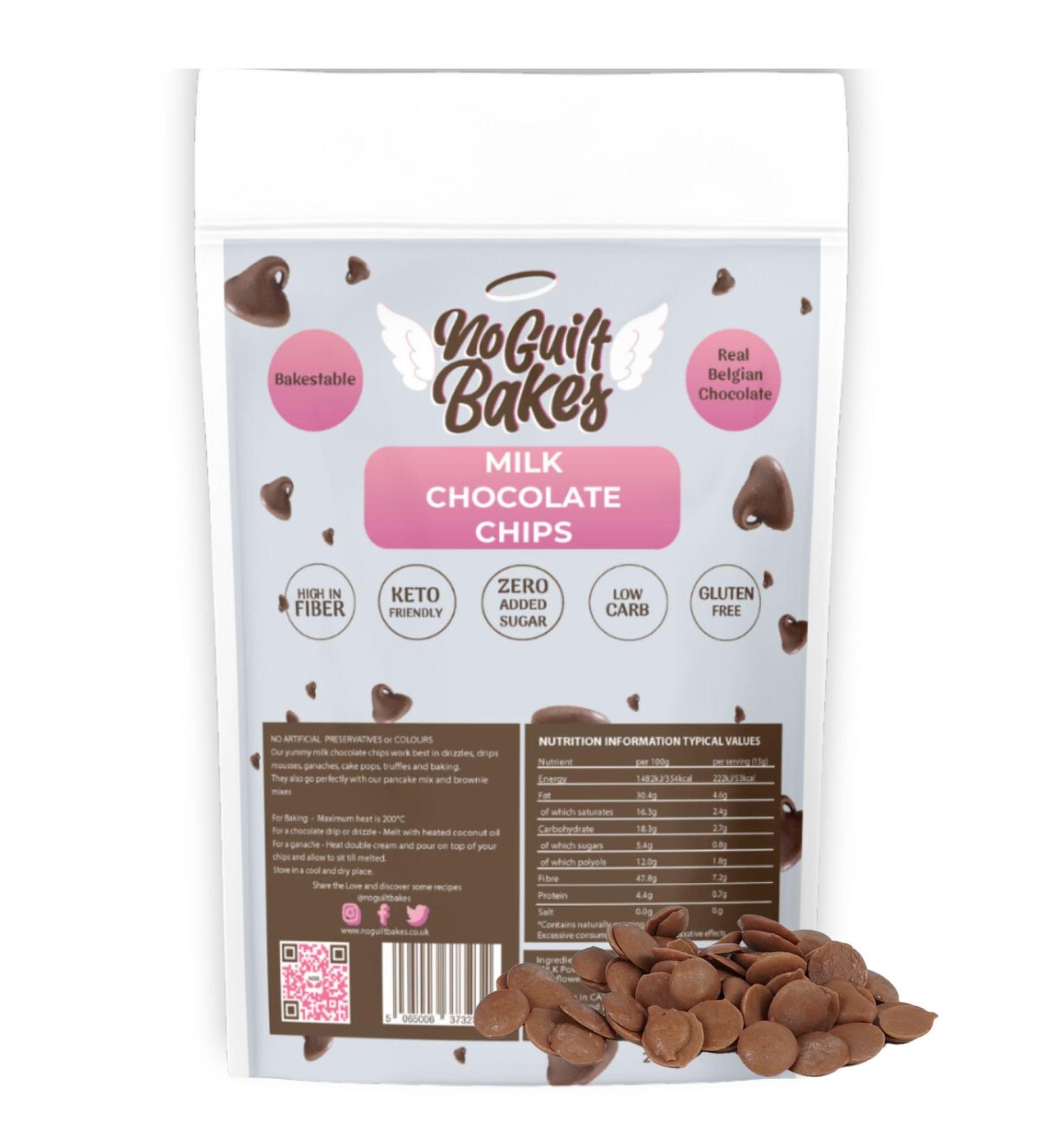 No Guilt Bakes | Sugar Free Belgian Milk Chocolate Chips | Perfect for Dipping & Baking | Keto Friendly | No Added Sugar | Authentic Disc Shaped Delight | Low Carb Indulgence | 210g Resealable Pouch - Buy Online on GoSupps.com