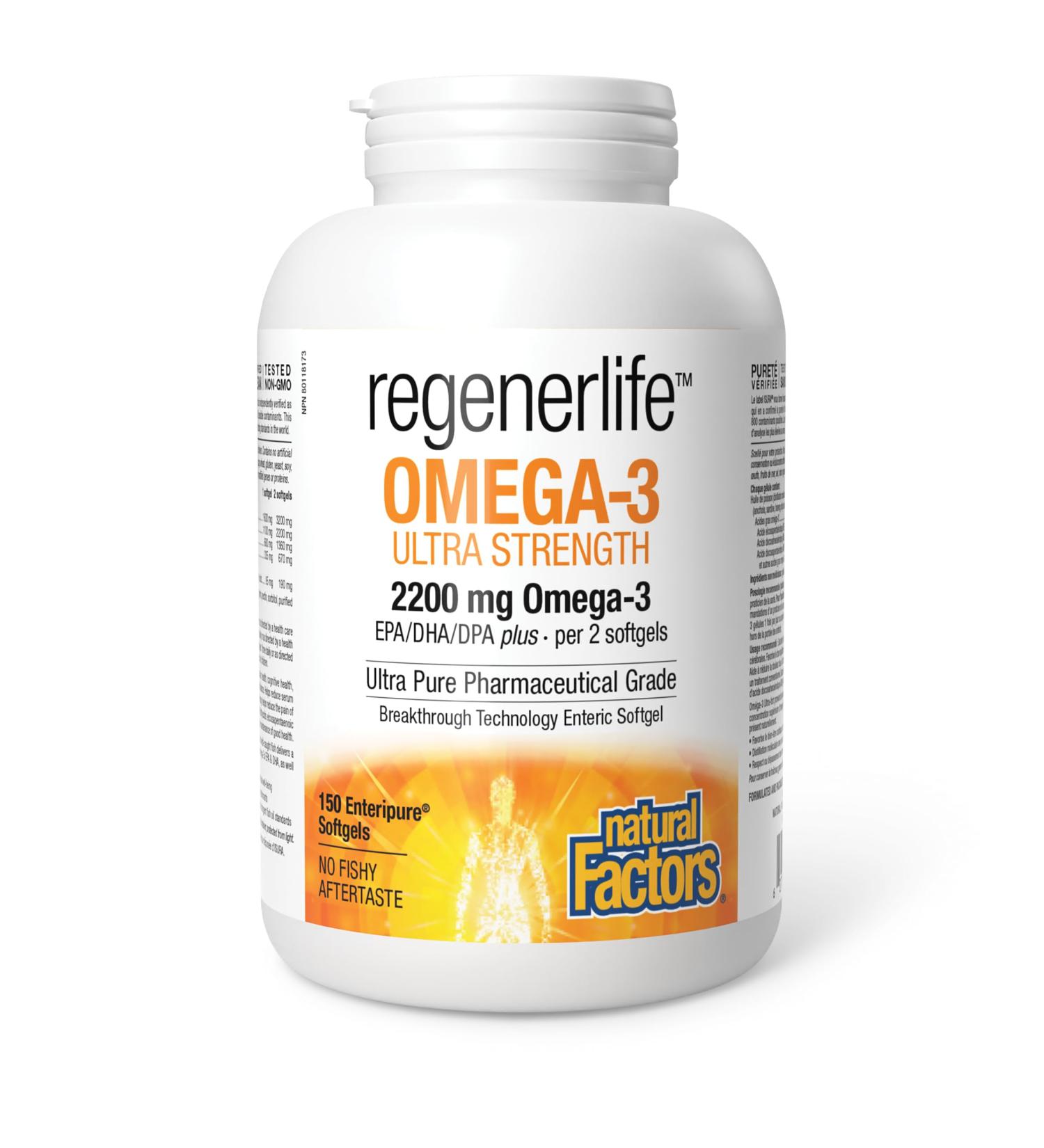Natural Factors Regenerlife Omega-3 Ultra Strength 150 Enteripure Softgels High-potency Omega-3 with EPA DHA and DPA for Cardio and Cognitive Support No Fishy Aftertaste - Buy Online on GoSupps.com