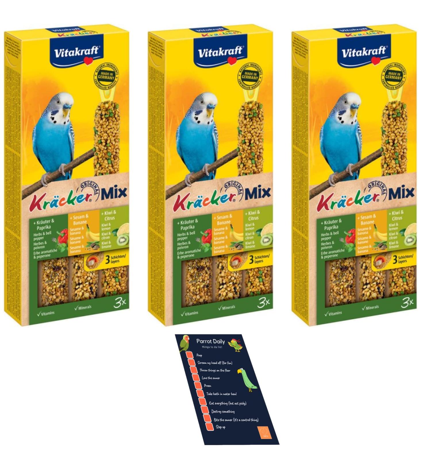 3x packs of Vitakraft Budgies Crackers Trio-Mix (9 sticks in total - including Sesame Seeds Herbs Paprica Banana Kiwi Lemon) - Buy Online on GoSupps.com