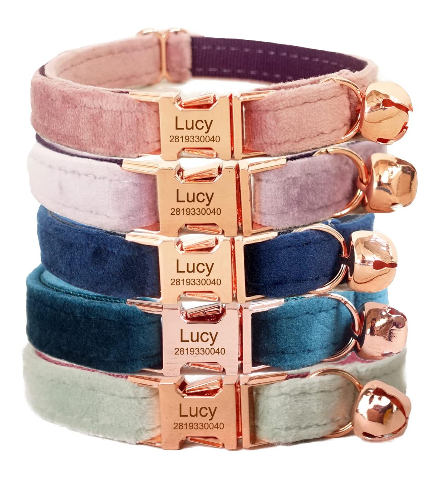 Cat Collar Personalised with Name Tag and Phone Number Engraved for Kitten Puppy (Velvet Rose Gold) - Buy Online on GoSupps.com