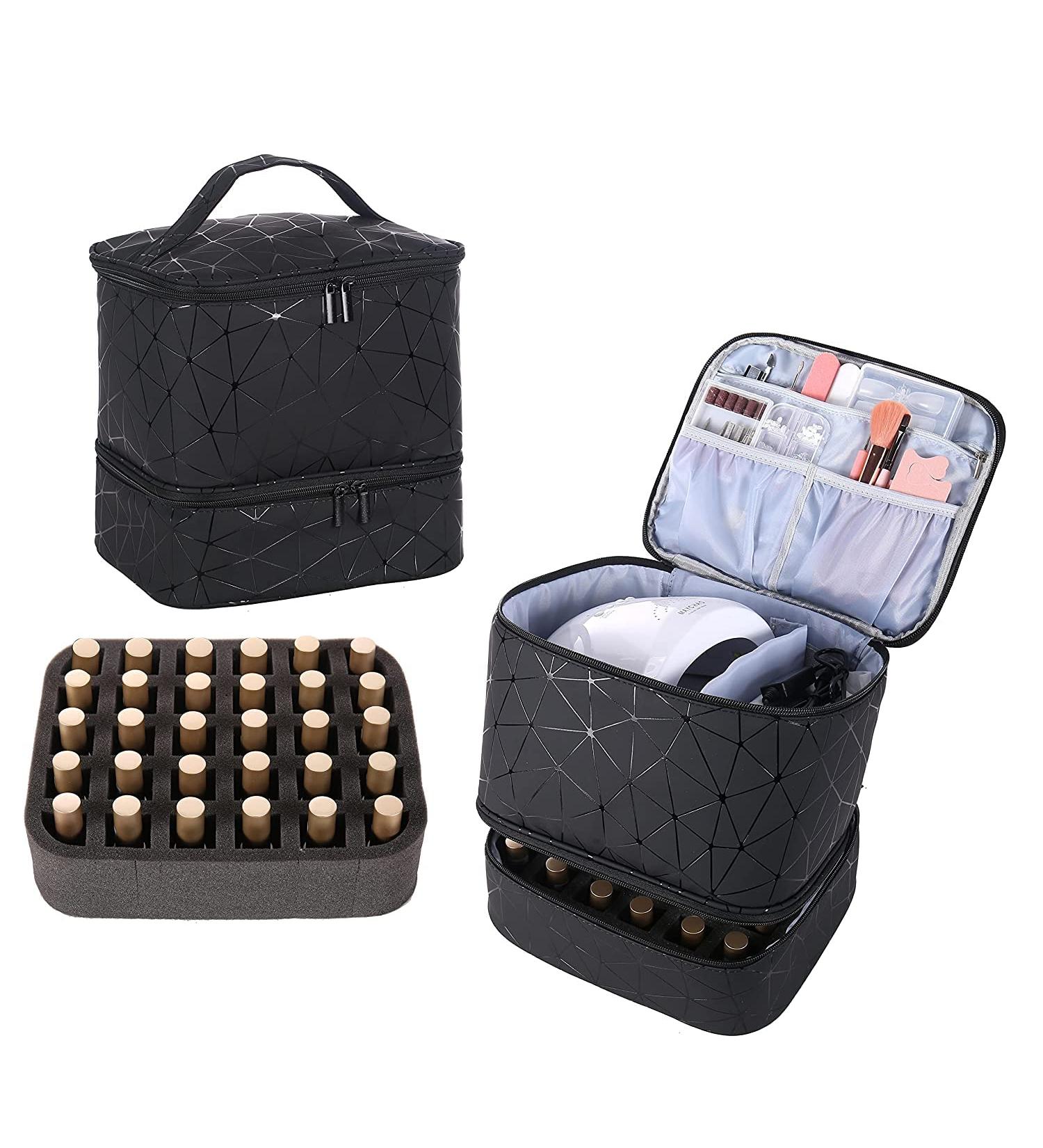 Double-Layer Nail Polish Organizer Case with UV Nail Lamp Storage - Holds 30 Bottles | Black - Buy Online on GoSupps.com