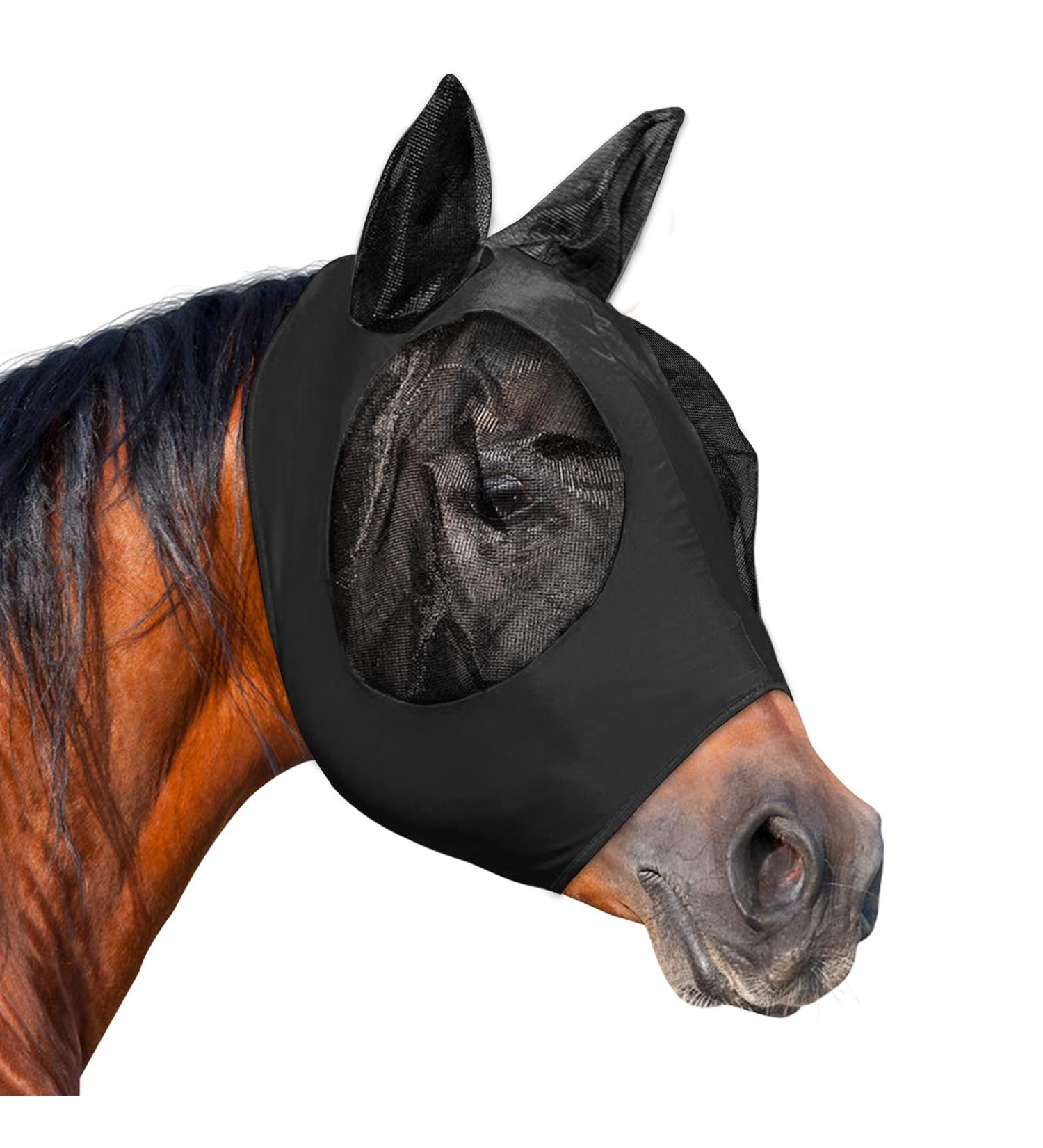 Black Full (Large) Horse Fly Mask - Lycra Fly Mask for Full Size Cob Horses with Ears - Equine Fly and UV Protection - Buy Online on GoSupps.com
