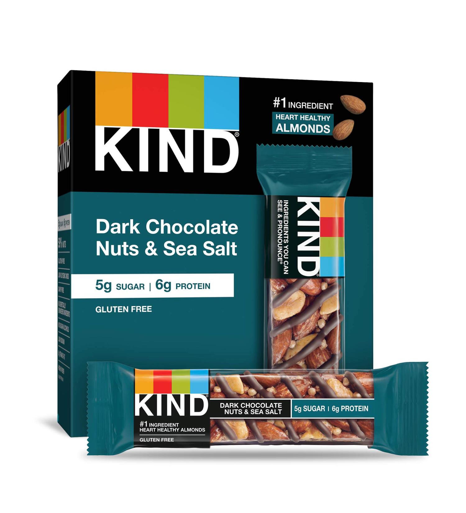 KIND Nut Bars Dark Chocolate Nuts and Sea Salt - Gluten Free, 1.4 oz, 60 Count, 5g Sugar, 6g Protein - Buy Online on GoSupps.com