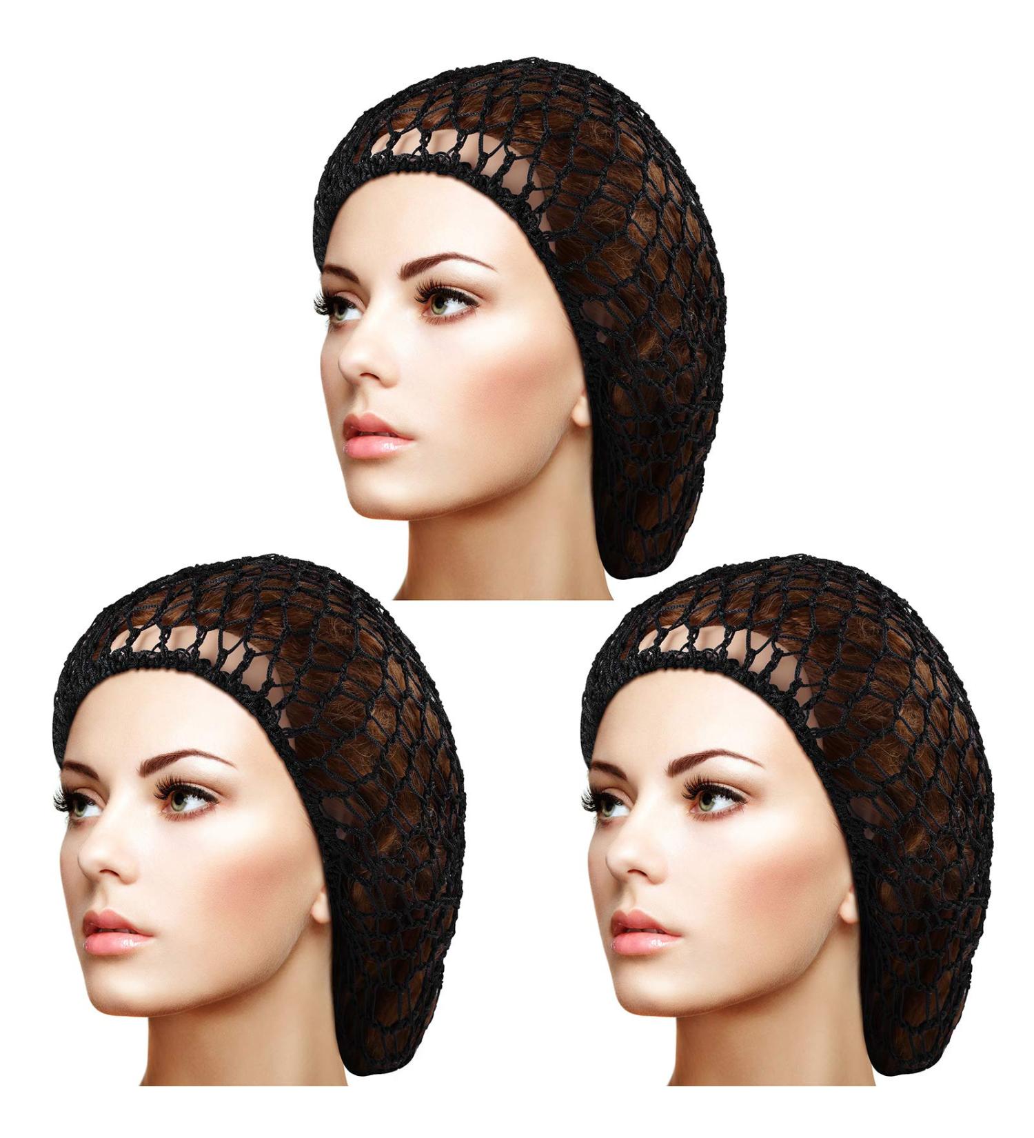 3-Piece Black Mesh Hair Net Set - Rayon Crochet Hair Nets, Knit Snood Hat, Crocheted Sleep Cap - Buy Online on GoSupps.com