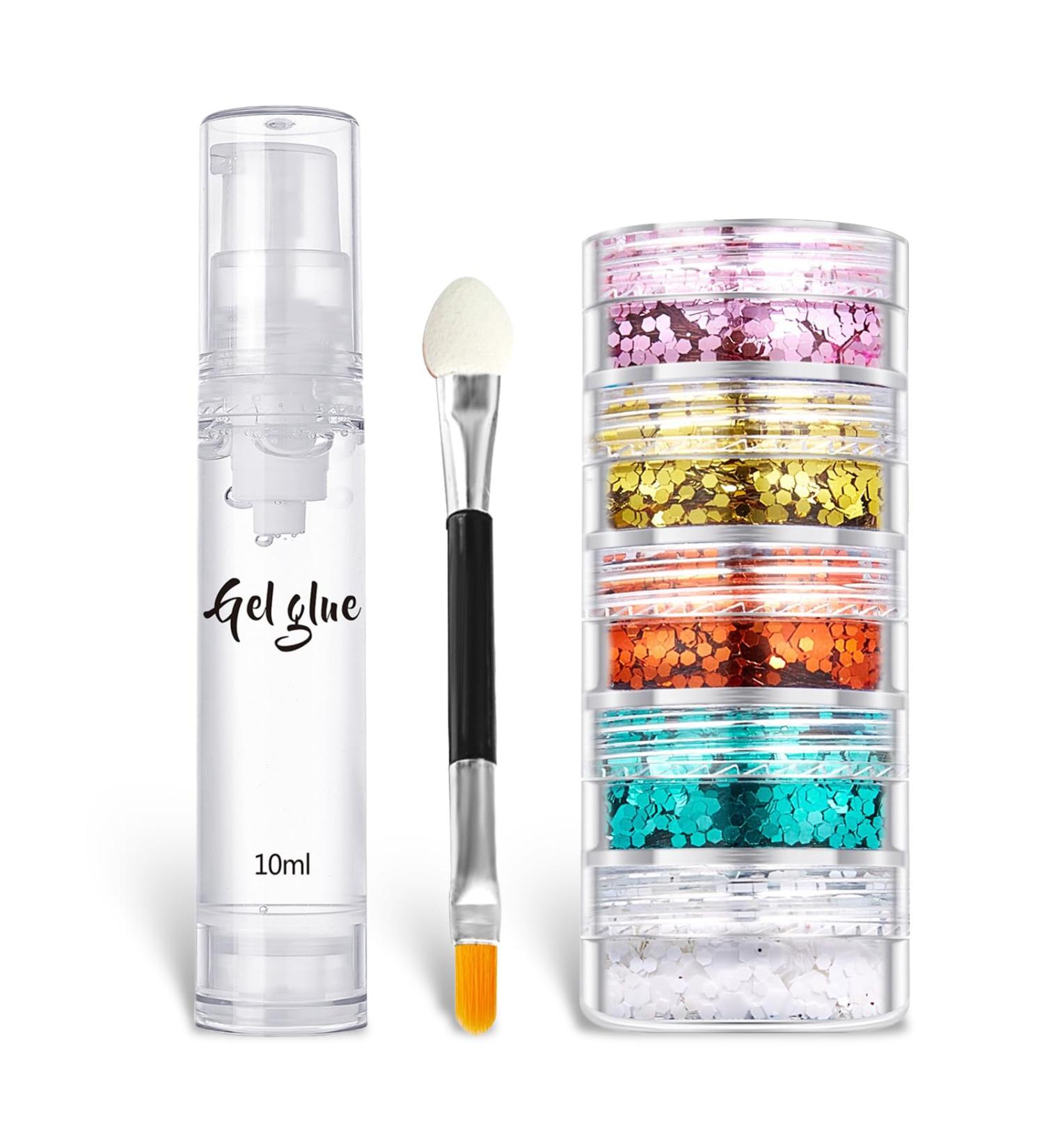  Beliky Girl 5 colors of face and body glitter holographic glitter for face nails art lip makeup and shine with a double-ended brush and a bottle of gel - Buy Online on GoSupps.com