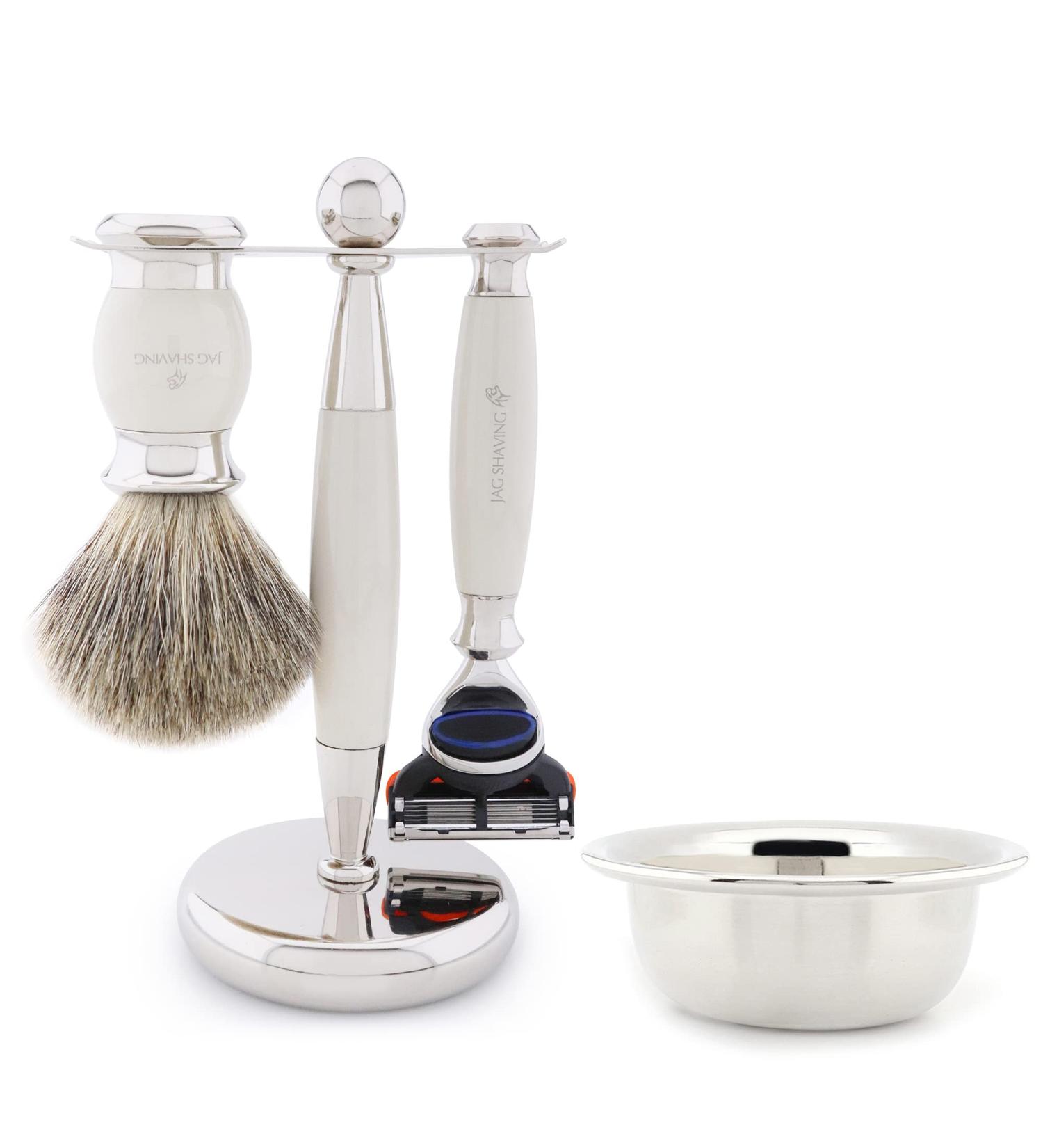 JAG Shaving Razor Set - Premium 4-Piece Set with Super Dachshaar Brush 5 Razor Blades Bowl & Stand - Perfect Ivory Gift for Men - Buy Online on GoSupps.com