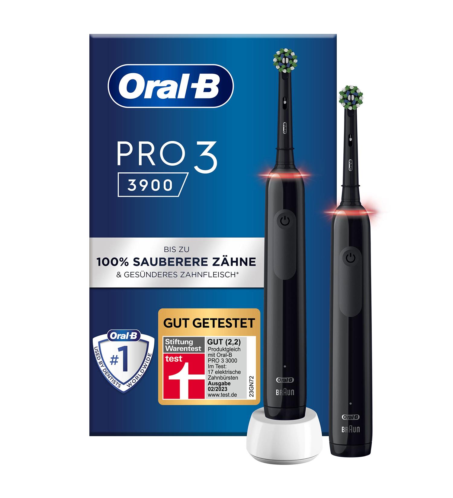 Oral-B Pro 3 3900 Electric Toothbrush Double Pack - 3 Cleaning Modes 360 Pressure Control | Best Dental Care by Braun Black & Brown - Buy Online on GoSupps.com