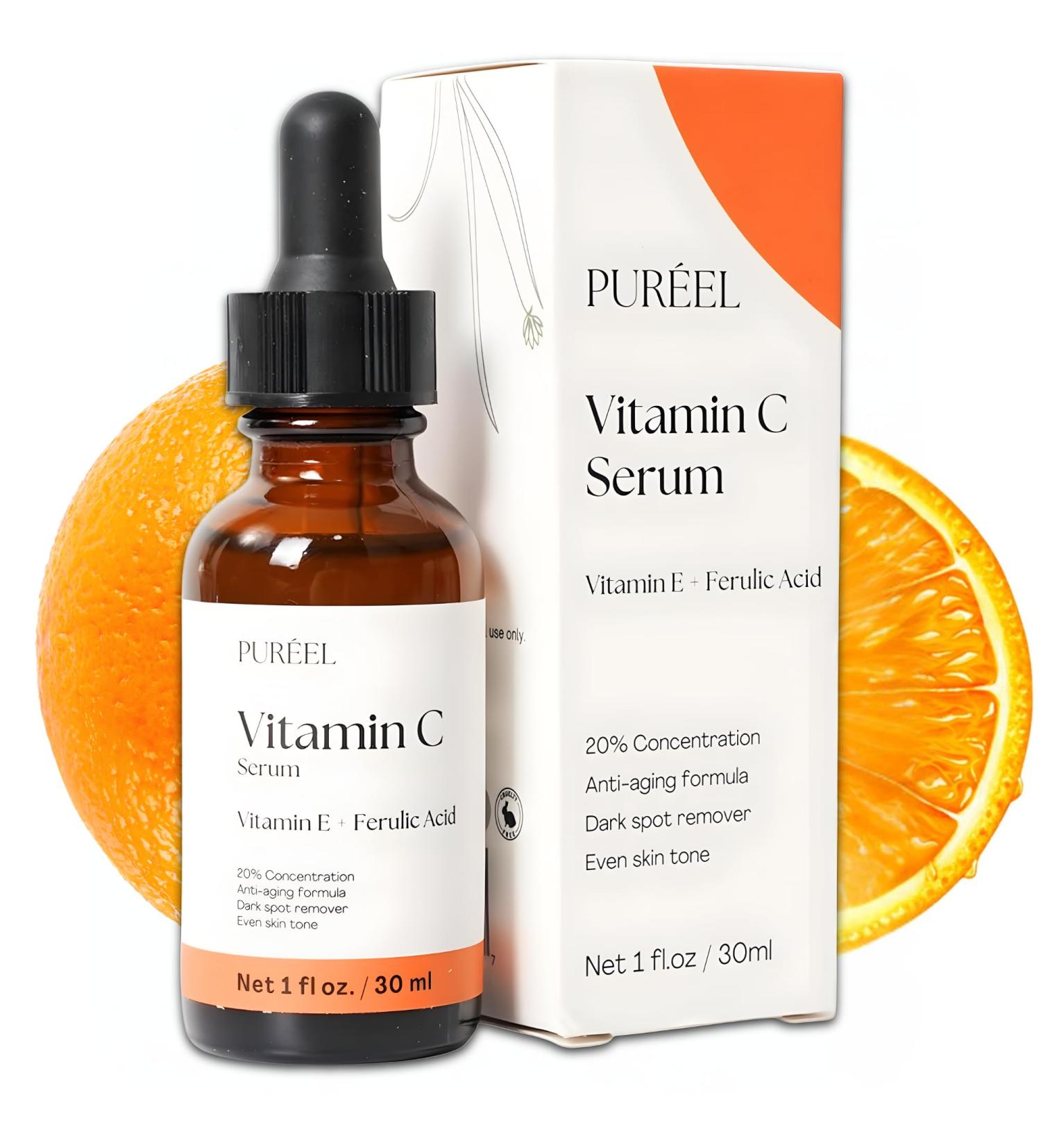 Pur el 20% Vitamin C Serum for Face Brightening Serum with Vitamin E & Ferulic Acid Anti-Aging Dark Spot Remover Even Skin Tone Wrinkle Reduction & Radiant Glow 1 fl oz - Buy Online on GoSupps.com
