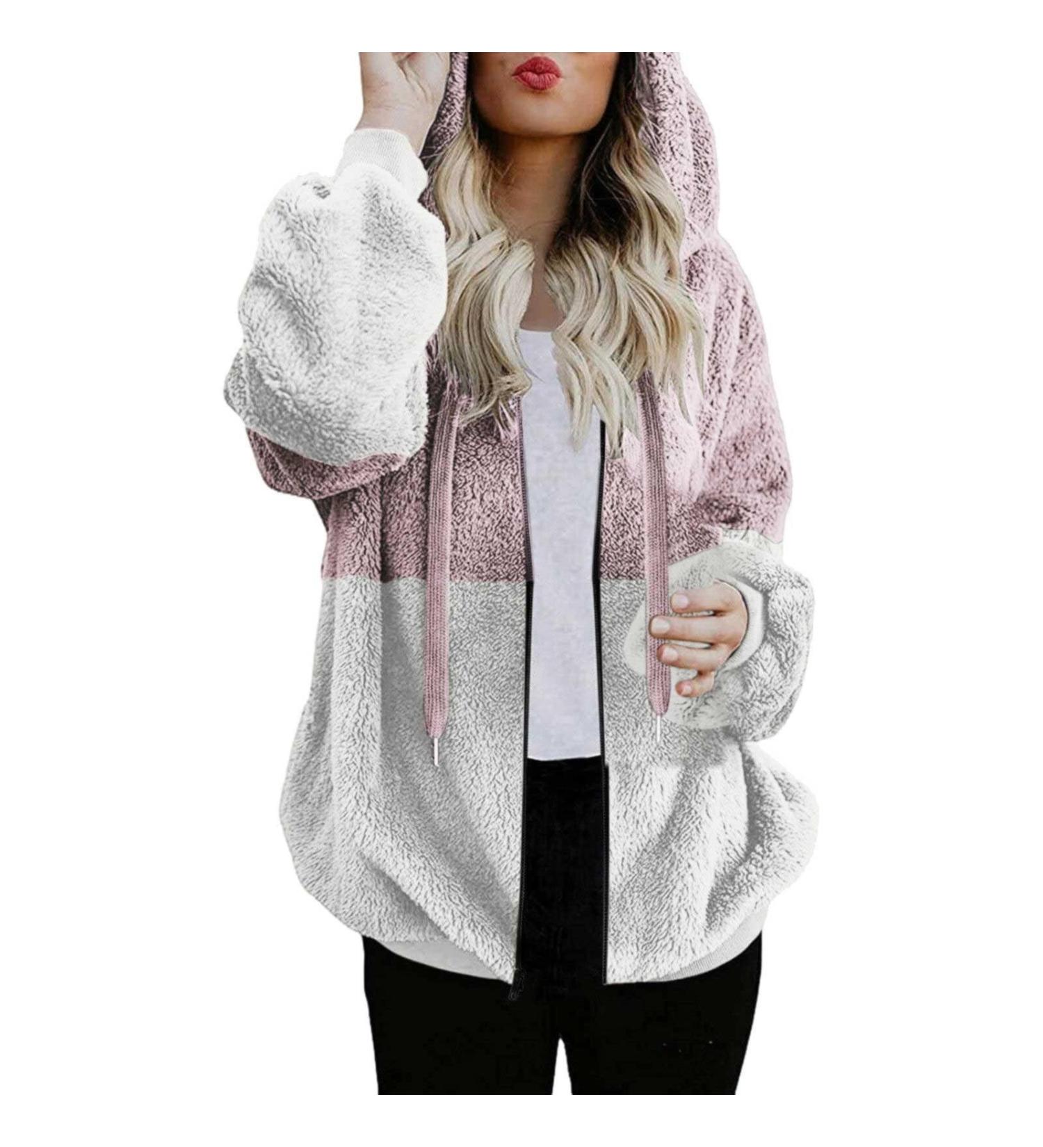 Buy Hanxiulin Women's Fleece Plush Jacket - Warm Fluffy Zipper Wool Coat Long Winter Trench in Pink XXL - International Shipping Available - Buy Online on GoSupps.com