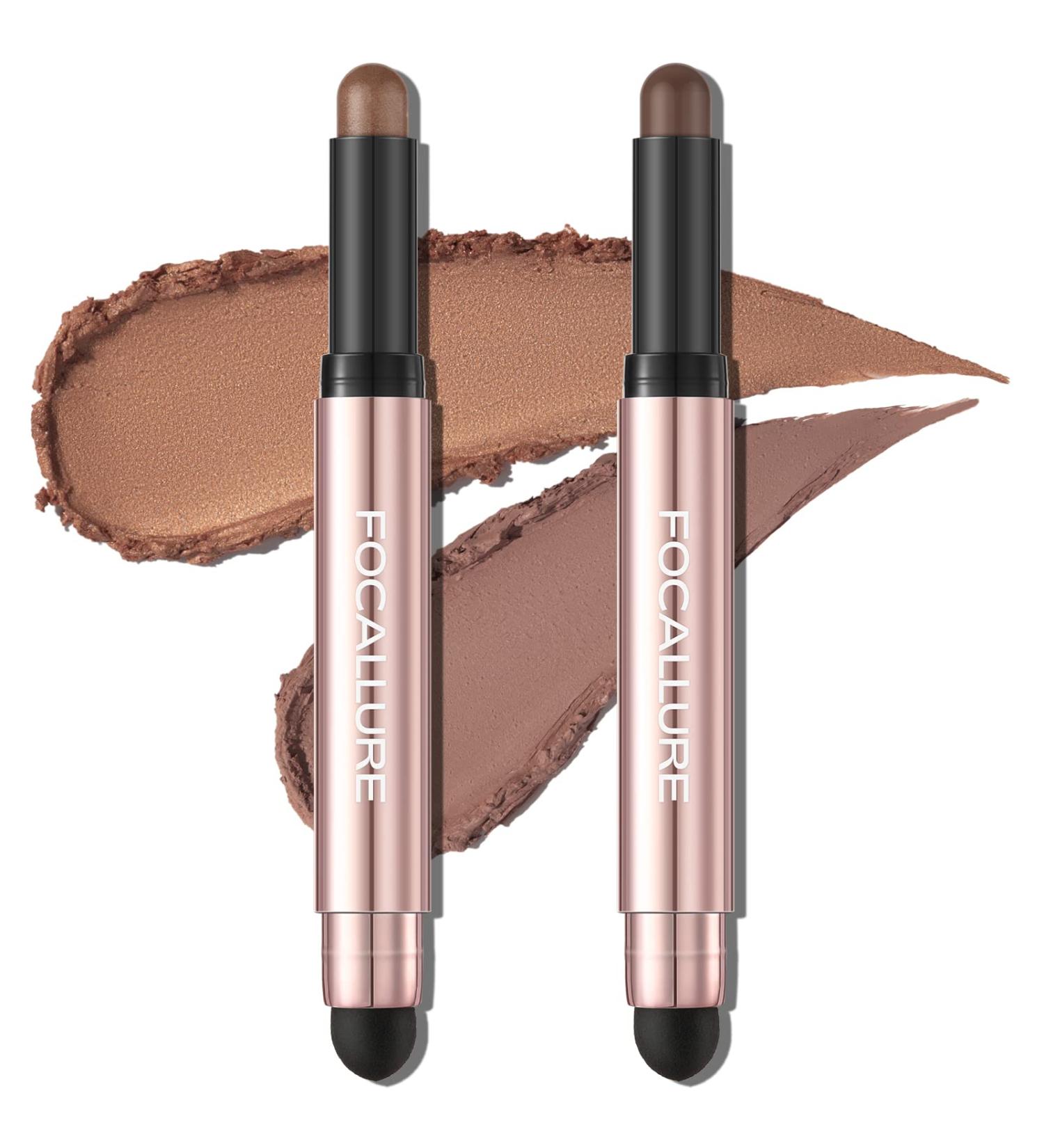 FOCALLURE 2PCS Eyeshadow Stick Set - Shimmer & Matte Cream Pencil Crayon, Long Lasting & Waterproof with Blending Brush - Daily Chocolate - Buy Online on GoSupps.com