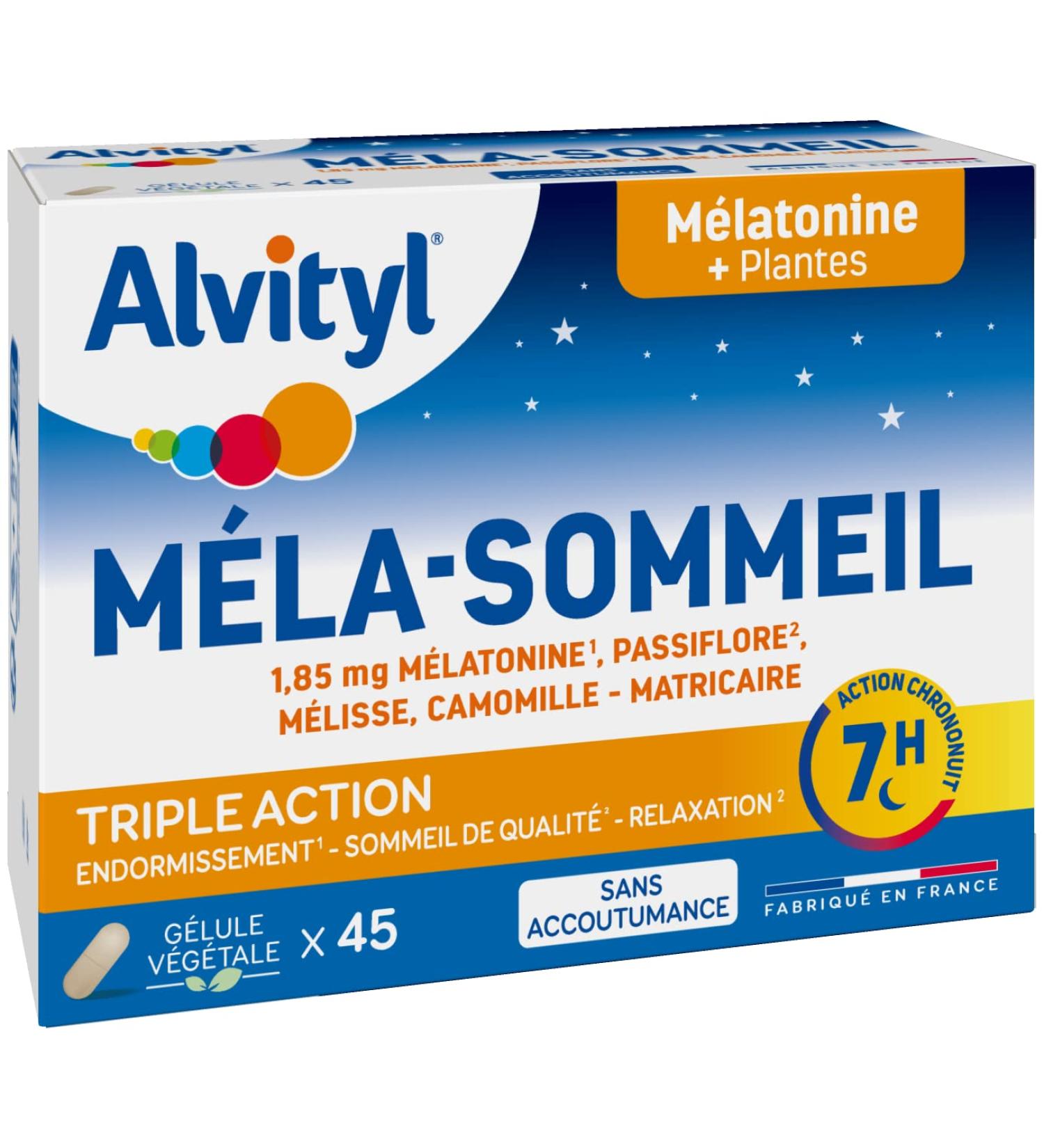 Alvityl Melatonin + 3 Plants + Vitamin B6 - Triple Action on Sleep and Relaxation - 1.85mg Melatonin - Chrononuit Action 7h - 45 Capsules - Buy Online on GoSupps.com