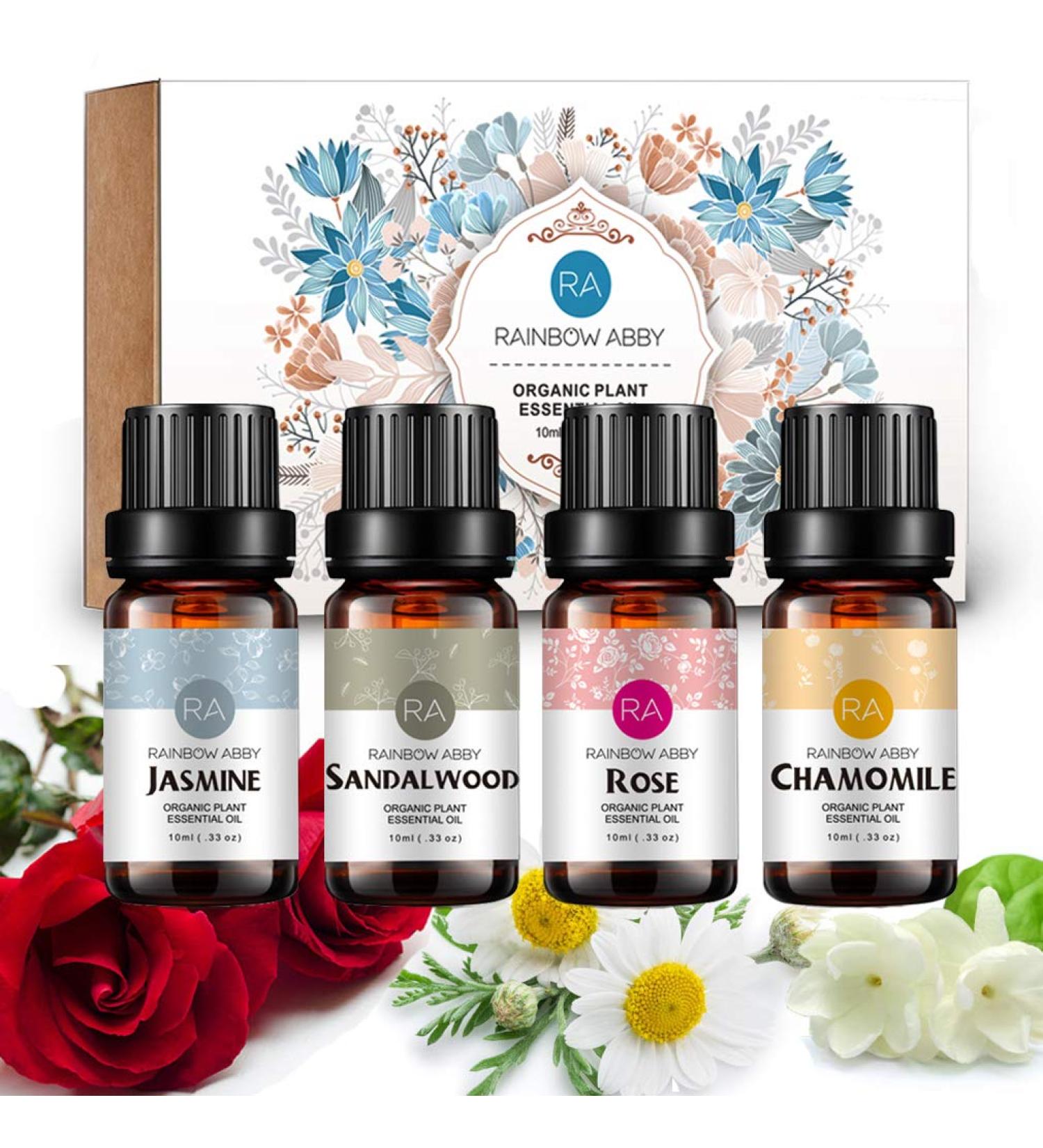 Essential Oils Set - Top 4 for Diffusers Candle Making Scents Fragrance Aromatherapy Gifts - Rose Jasmine Sandalwood Chamomile (10mL)