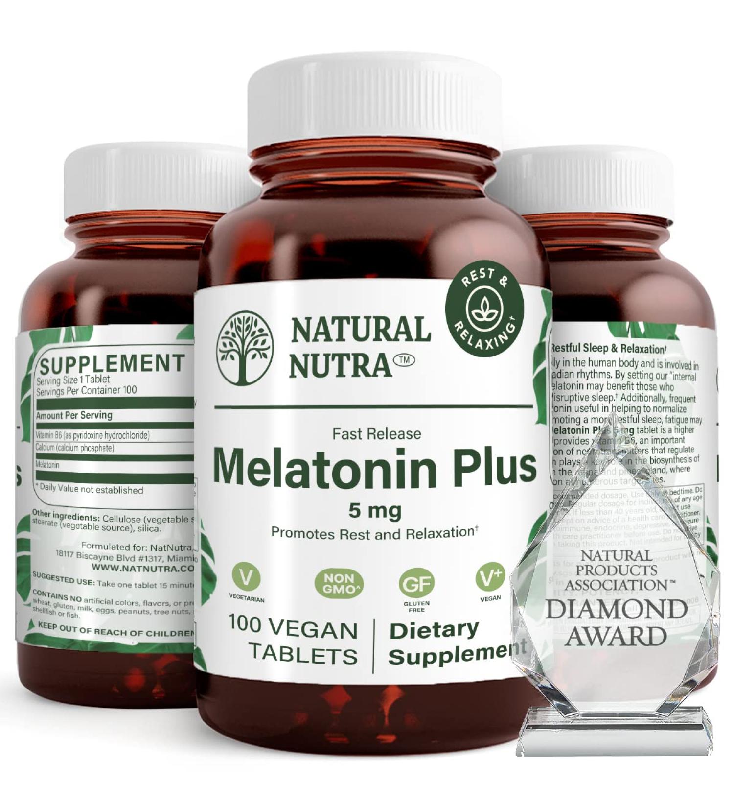 Natural Nutra Vegan Melatonin 5mg with Vitamin B6 Fast Dissolve Melatonin with Calcium for Optimal Sleep Promoting More Restful Sleep Gluten Free Non GMO 100 Tablets 100 Count (Pack of 1) - Buy Online on GoSupps.com