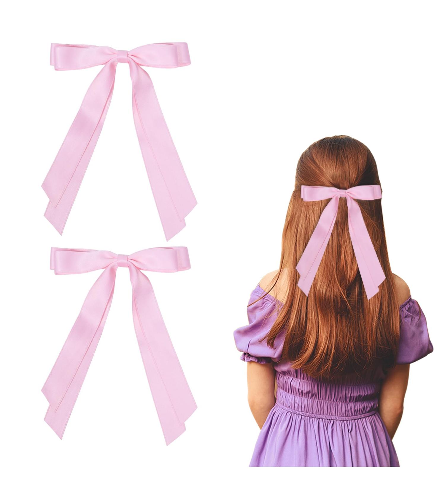 2 Pack Hair Bows for Women Pink Bow Hair Clips French Barrette with Long Silky Satin Hair Ribbons for Women Girls(Light Pink) - Buy Online on GoSupps.com