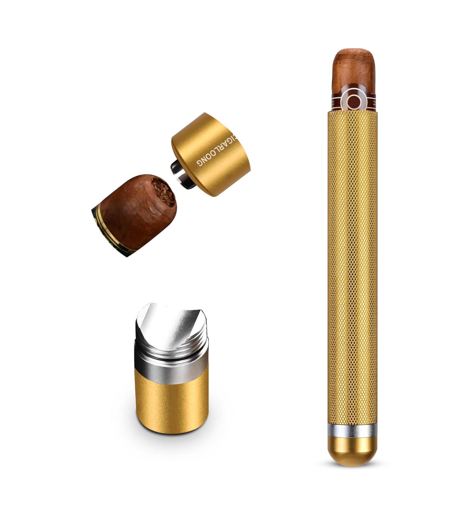 Portable 3-in-1 Cigar Tube Aluminum Moisturing Single Cigar Case with Sharp Blade Cigar Punch and Cigar Holder for Outdsoor Use(Gold) - Buy Online on GoSupps.com