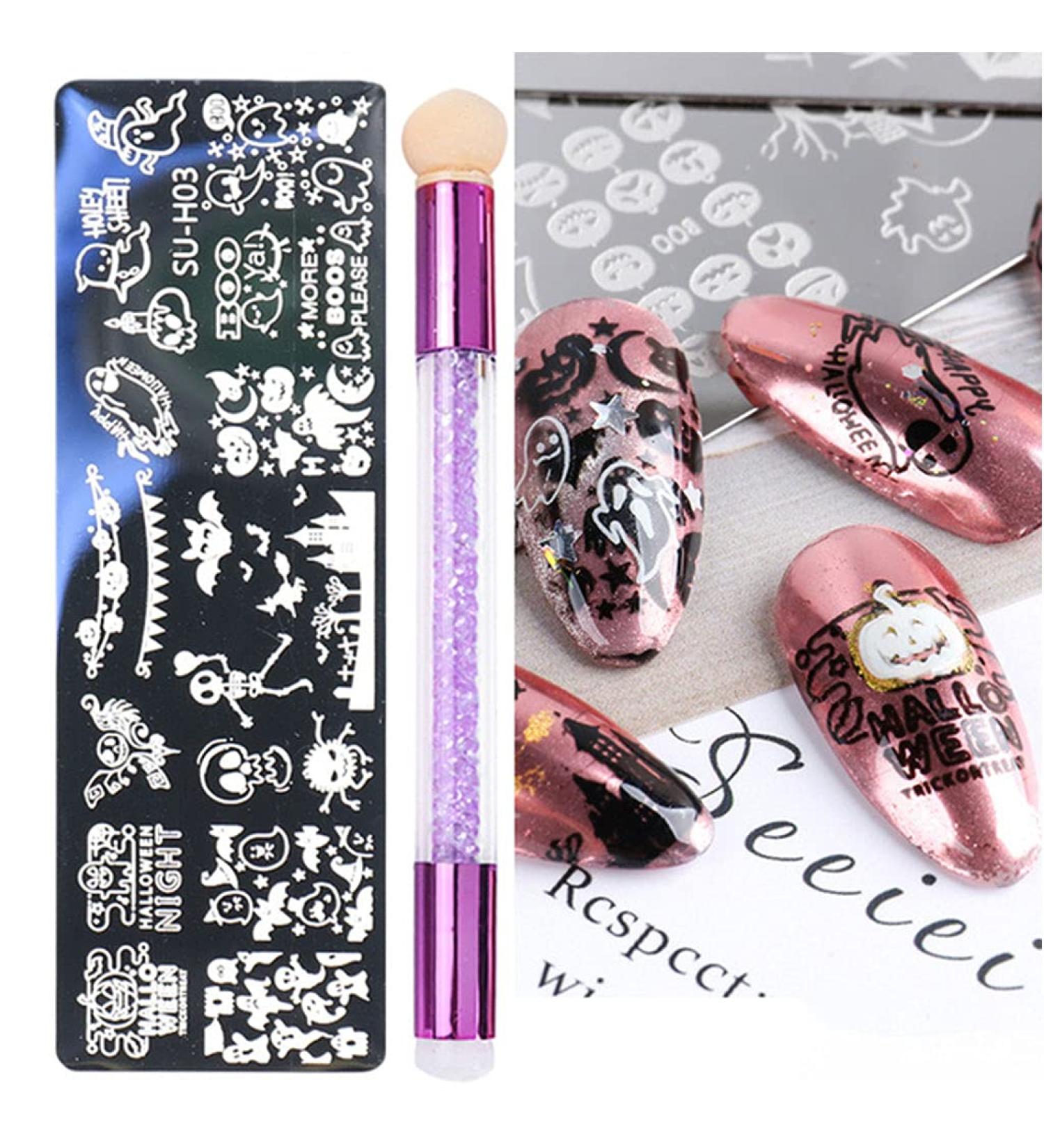 healthGUO Nail Art Stamping Plate Stamper Sponge Pen Halloween Pumpkin Bats Image Nail Polish Template Stamp Stencil Tools Kit 3 - Buy Online on GoSupps.com