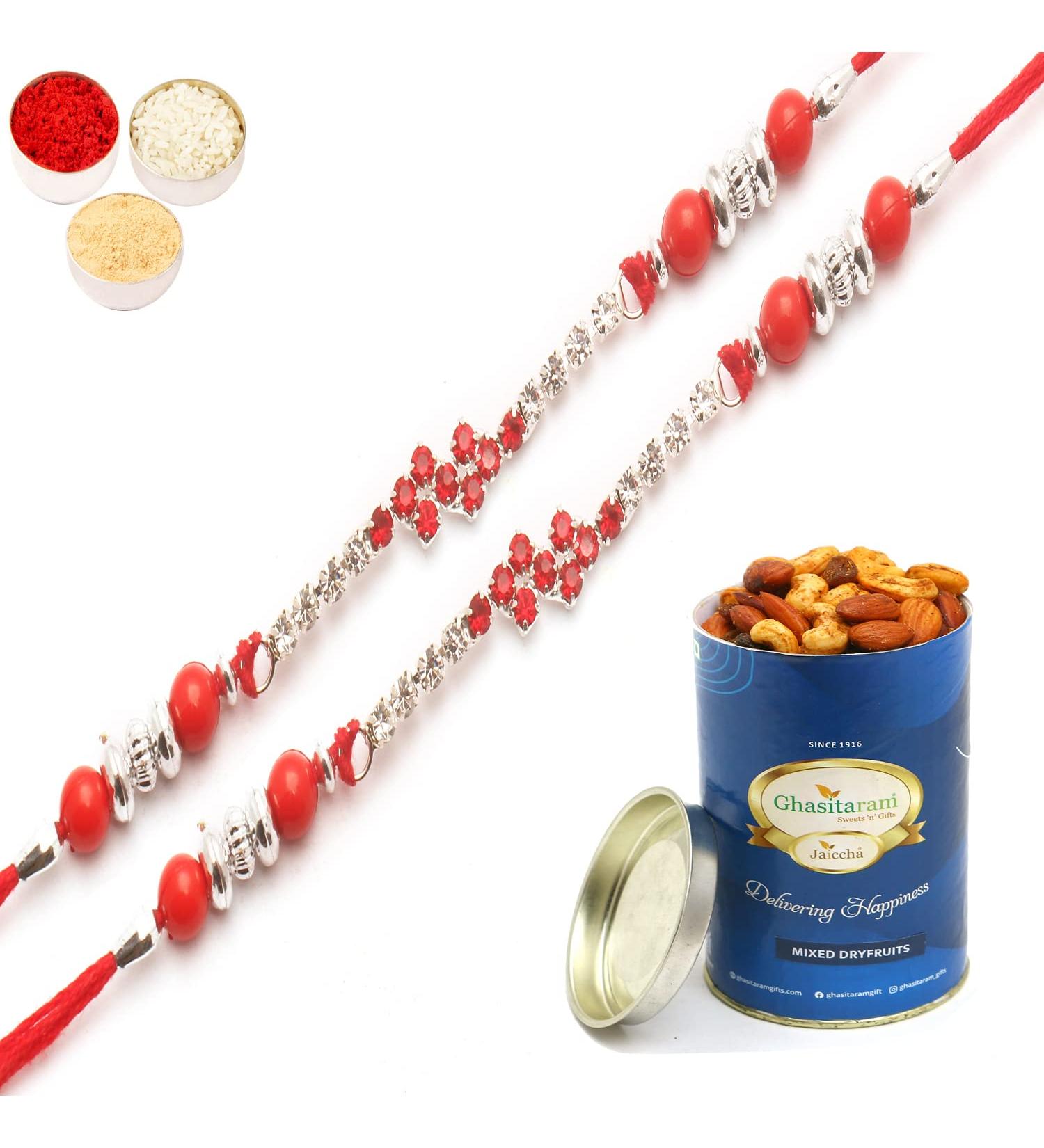 Ghasitaram Gifts Rakhi for Brother Rakhis Online - Set of 2-333 Diamond Rakhi with 100 GMS of Dryfruits Mix Can 2 Rakhi with 100 gms of Dryfruits Mix Can - Buy Online on GoSupps.com