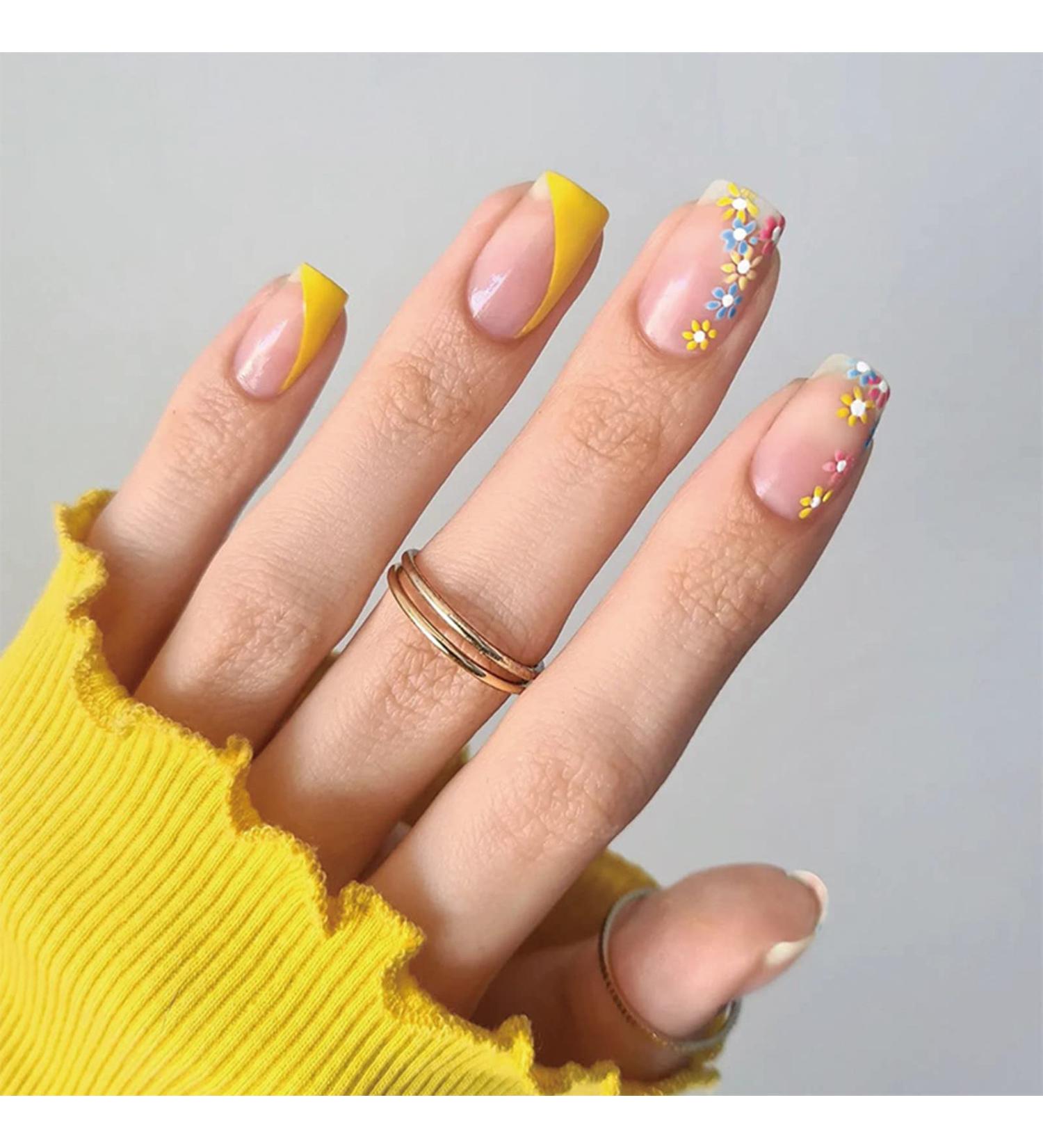 Justotry 24 Pcs Short Yellow Floral French Press On Nails with Nail Glue - Cute Square Fake Nails for Women's Nail Art - Buy Online on GoSupps.com