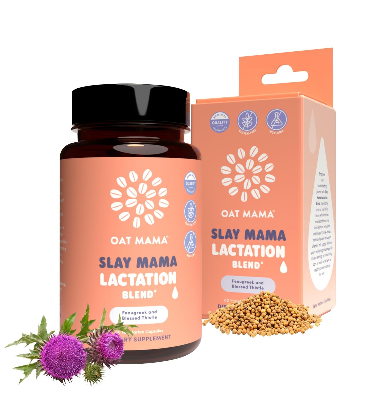OAT MAMA Organic Lactation Supplement - 'Slay Mama' Blessed Thistle & Fenugreek Capsules - Herbal Lactation Blend, Postpartum Support for Breastfeeding Moms - Buy Online on GoSupps.com