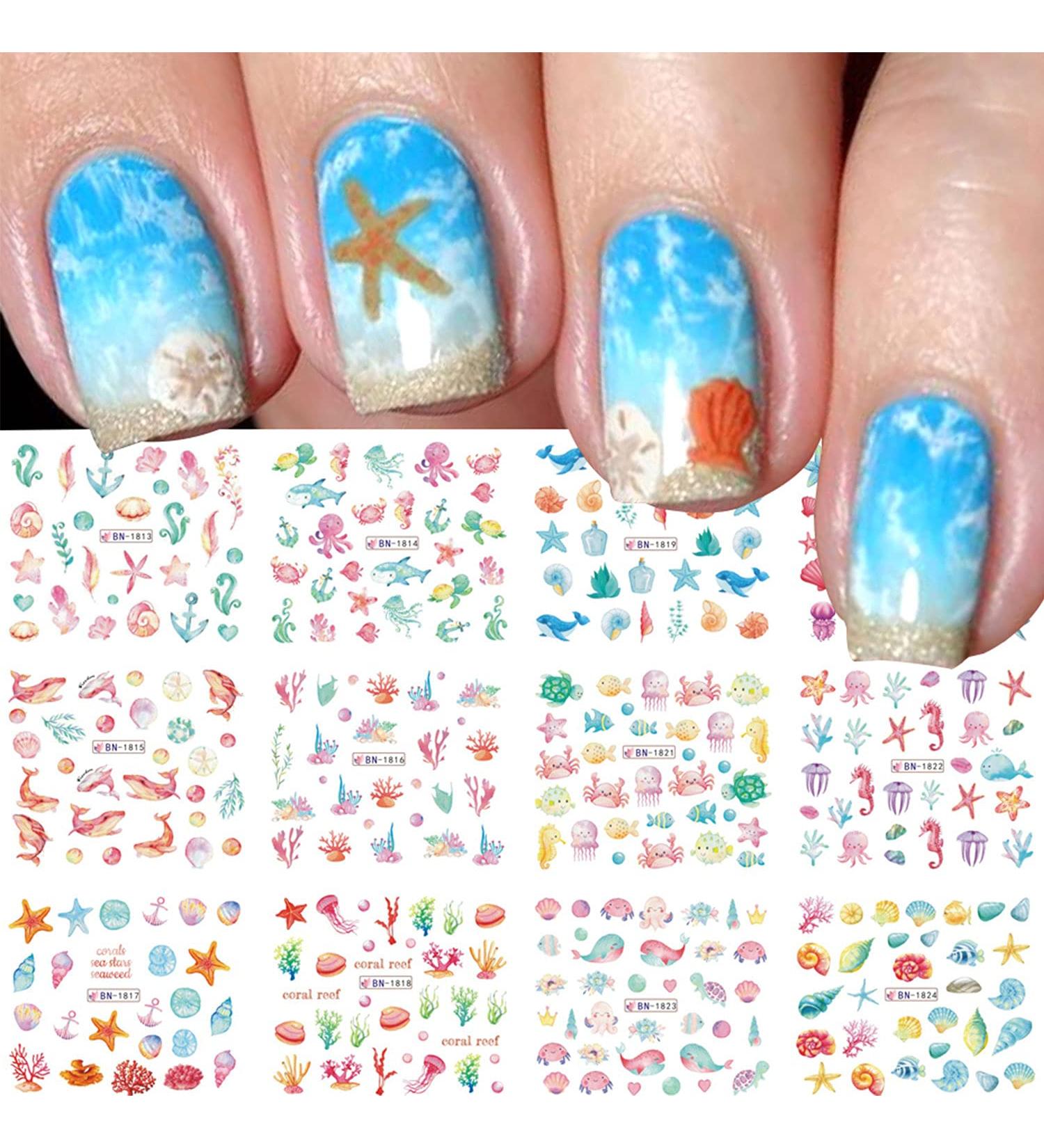 Firot Summer Ocean Nail Stickers - Water Transfer Decals for Acrylic Nails - 12 Sheets Mixed Ocean Design - Shell, Starfish, Sea Animals - Nail Art Supplies - Buy Online on GoSupps.com