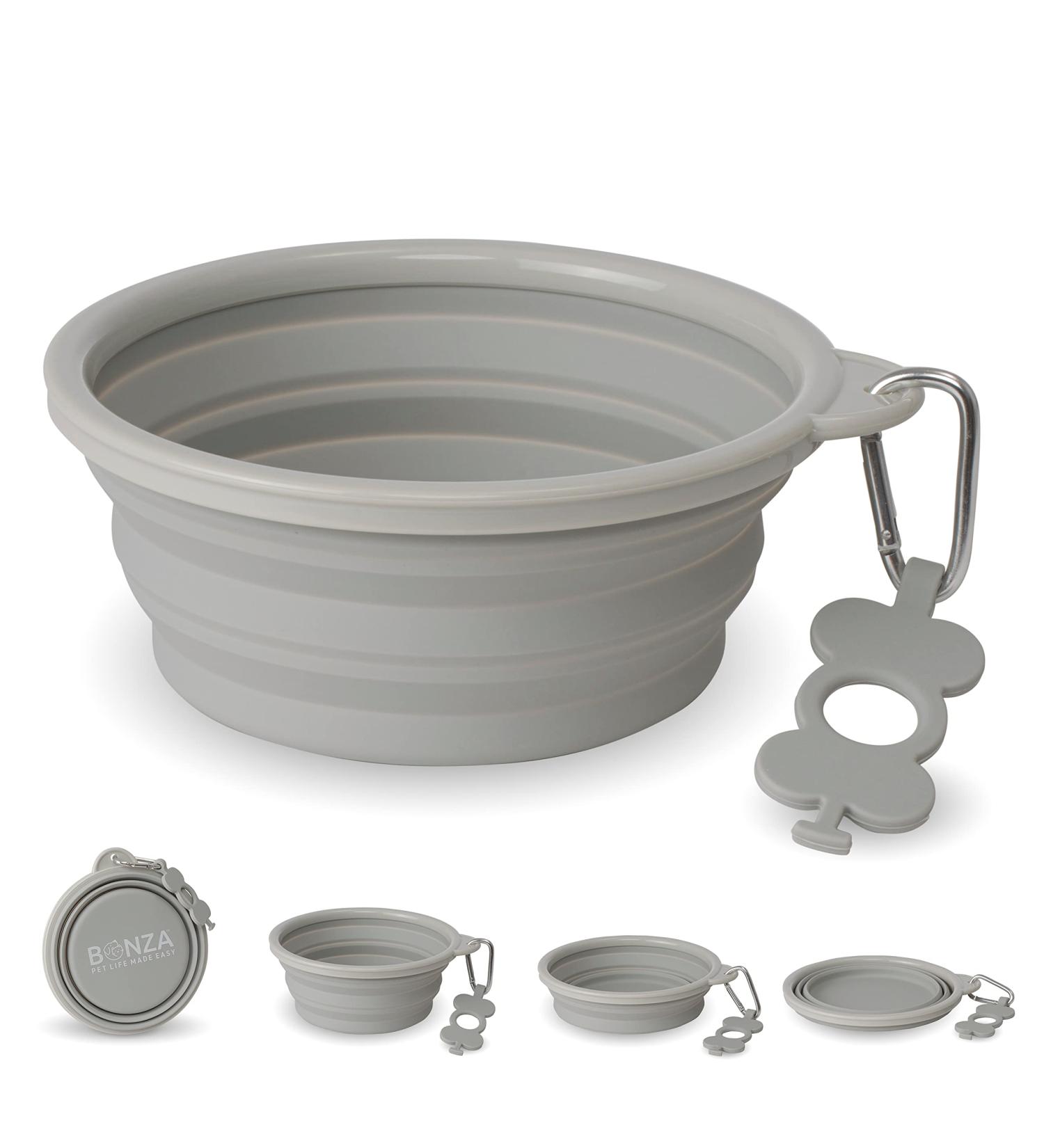 Bonza Extra Large Collapsible Dog Bowl 1500 ml - Sturdy & Portable with Carabiner & Water Bottle Holder - Light Gray - Buy Online on GoSupps.com