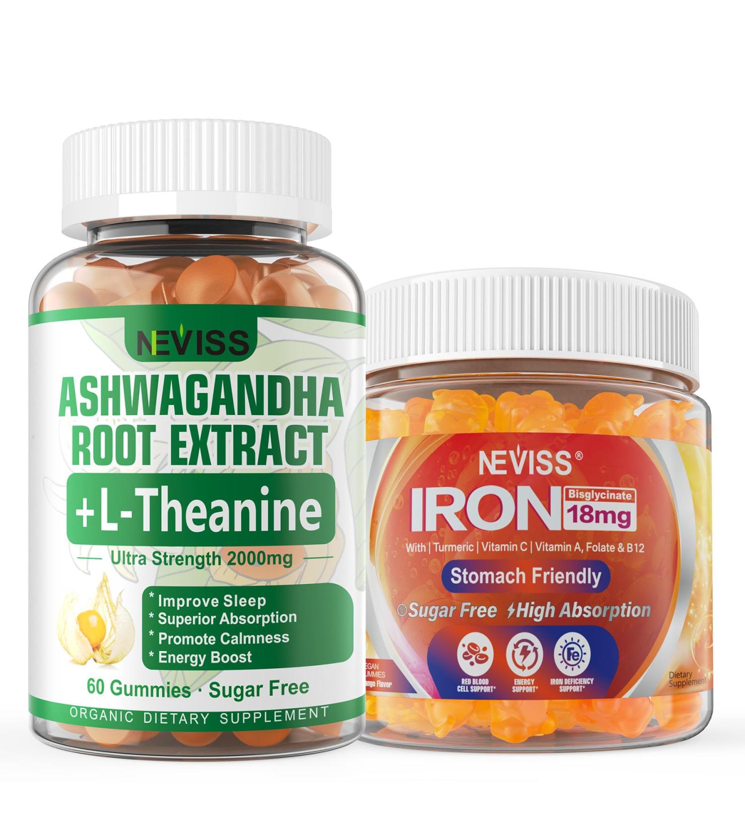 NEVISS Ashwagandha Gummies 2000mg Feel Refreshed Plus Proprietary Blend Vegan Iron Gummies Supplement with Vitamin C B12 Folate & Turmeric - Energy & Immune Health - Buy Online on GoSupps.com