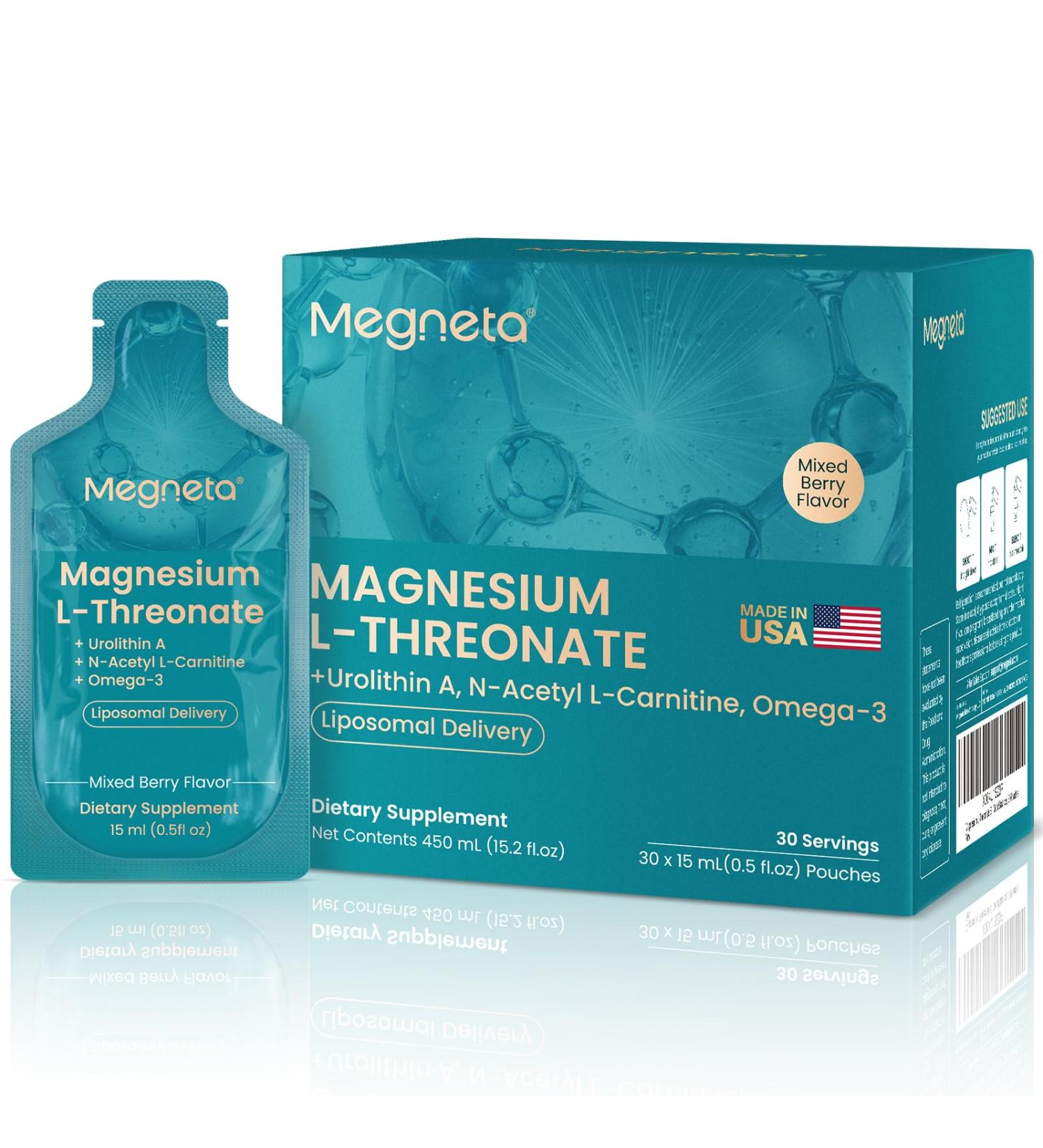 MEGNETA Magnesium L-Threonate Liquid, 2000mg Magnesium L-Threonate, Liposomal for High Absorption, with Urolithin A, N-Acetyl L-Carnitine & Omega-3, Brain, Memory, Focus & Sleep Support, 30 Pouches - Buy Online on GoSupps.com