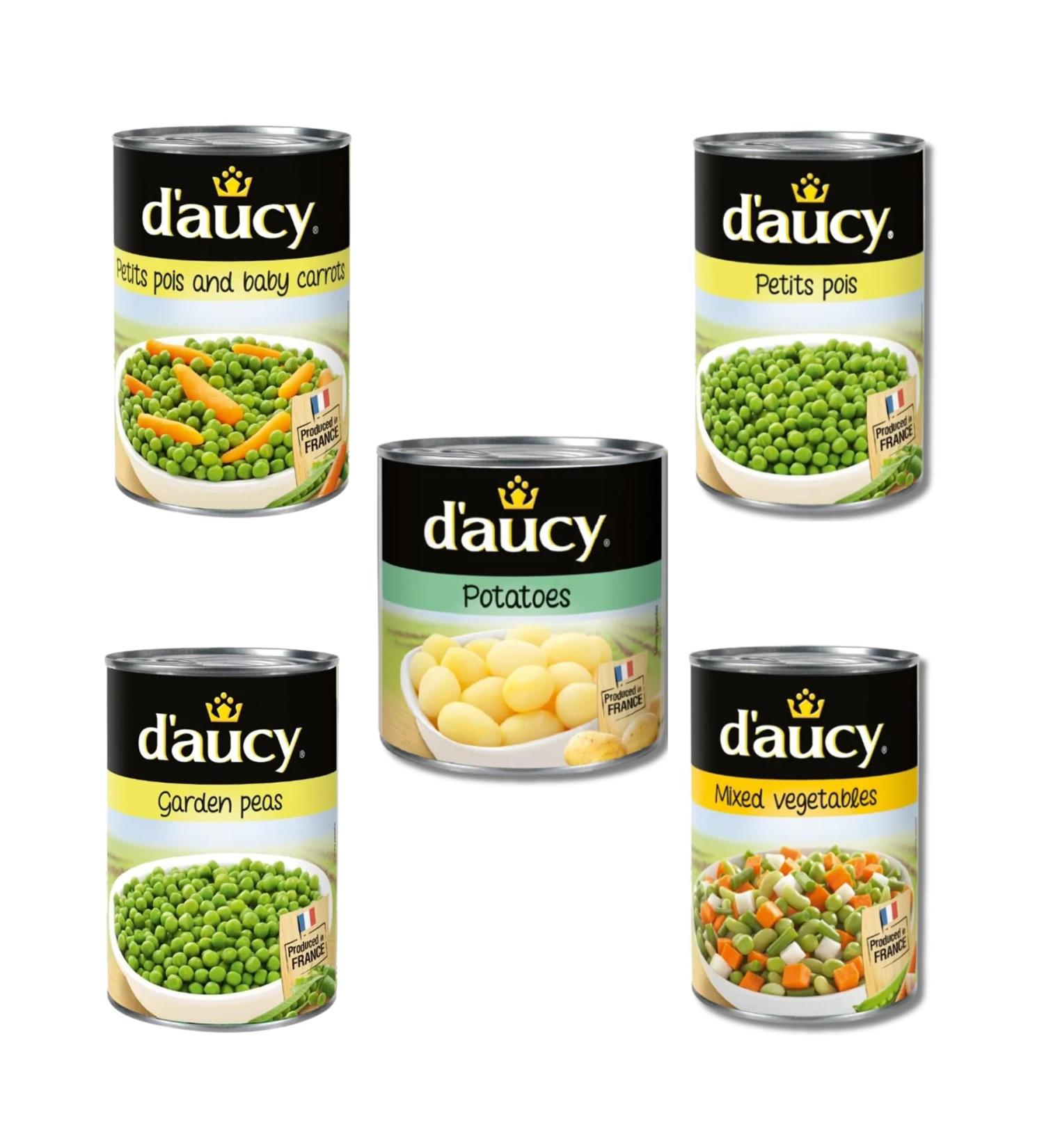 D'Aucy Peas Tinned Pick N Mix - Choose From 4 Flavours | Garden-Peas Mixed Vegetables Petits Petits-Pois & Baby Carrots Potatoes - Pack of 4 X 400g - Buy Online on GoSupps.com