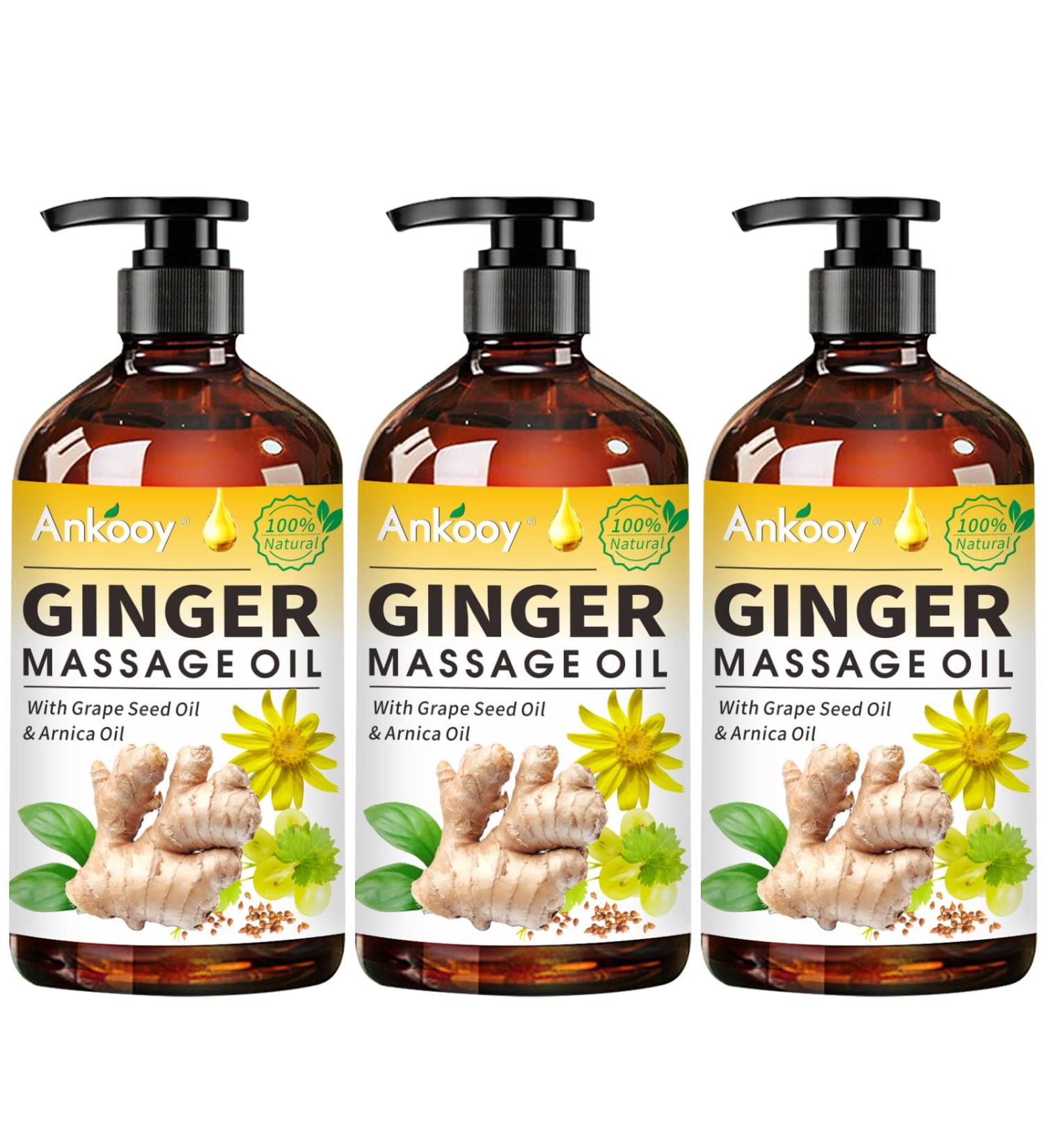 3 Pack Ginger Massage Oil with Arnica, Vitamin E, and Grape Seed Oil - 100% Natural Massage Oil for Lymphatic Drainage, Warming, and Relaxation - Buy Online on GoSupps.com