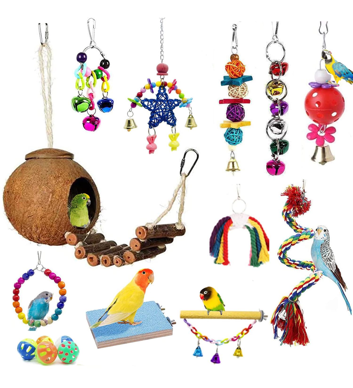 BIPY 16 PCS Bird Parrot Toys Hanging Bells Ball Swing Natural Coconut Birds Cage with Ladder Toy Pet Birds Stand Chewing Perches Wooden Toys for Parrots Parakeets Budgie Cockatiels Macaws 16PCS - Buy Online on GoSupps.com