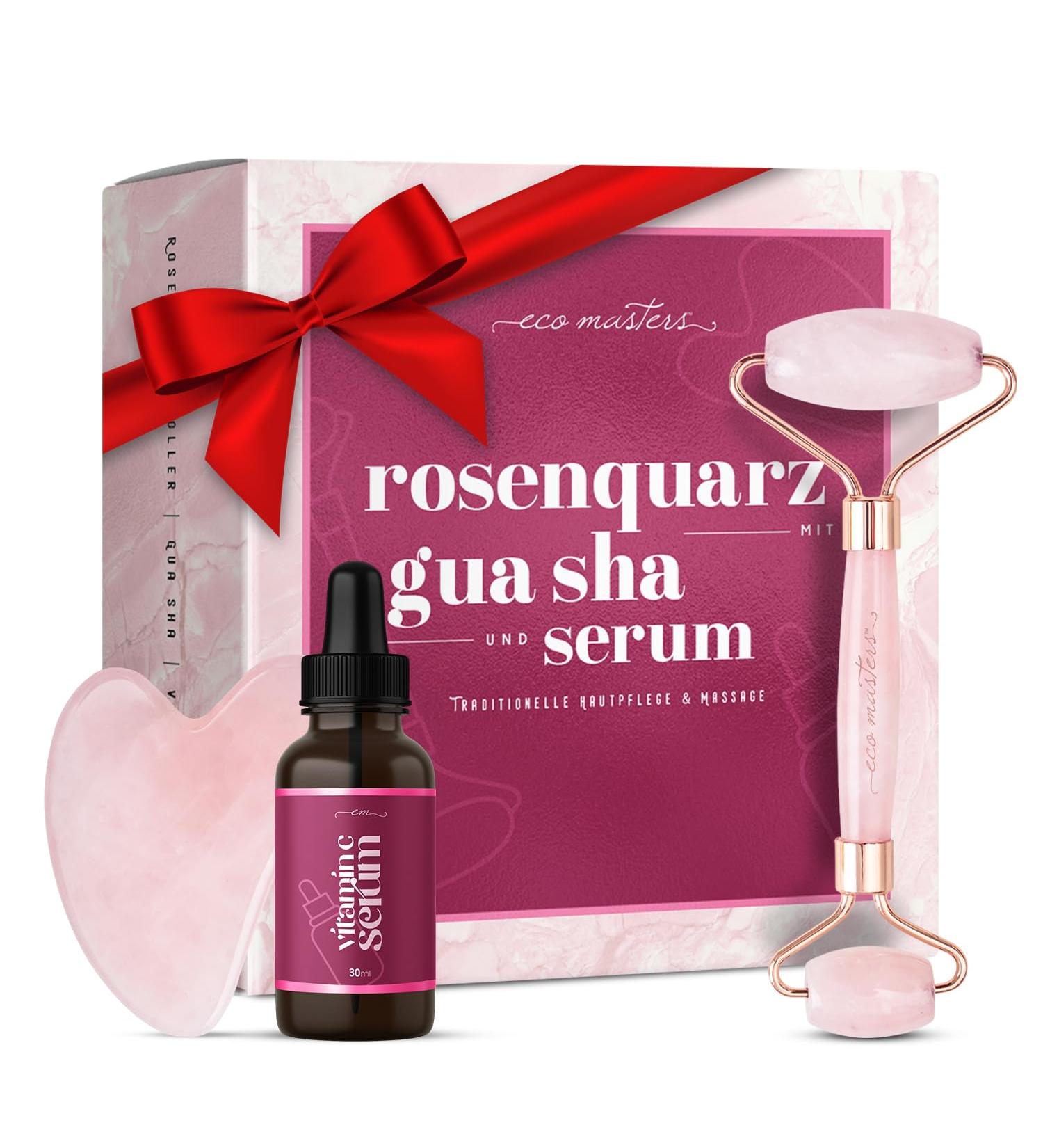 Rose Quartz Roller & Gua Sha Set with Vitamin C Serum | Facial Massage Gift Set for Men & Women | Reduces Dark Circles & Folds - Buy Online on GoSupps.com