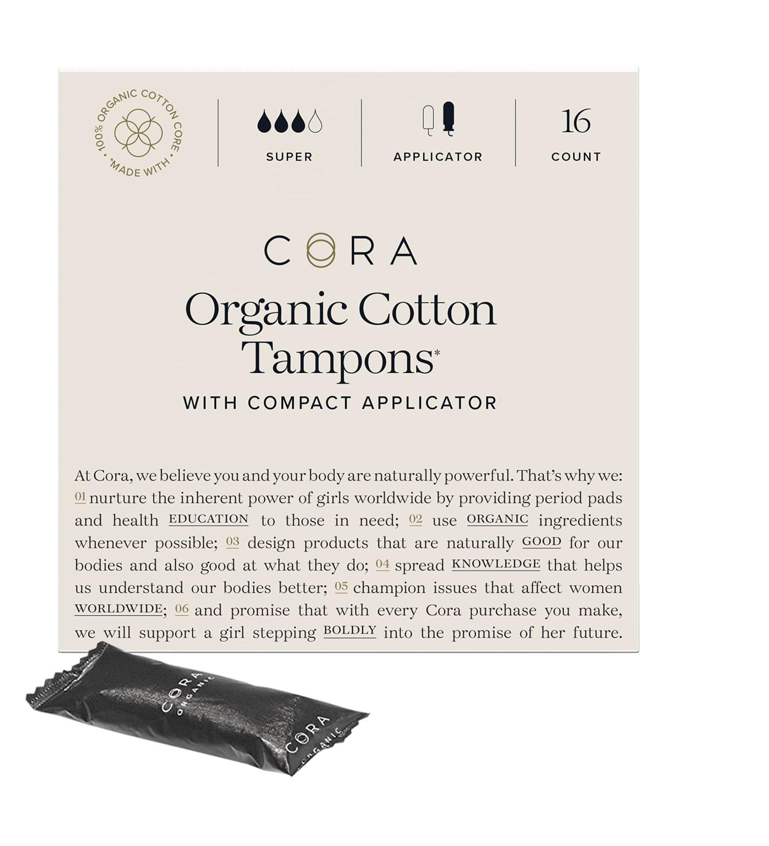 Cora Organic Super Absorbency Tampons - 100% Cotton Core - BPA-Free Compact Applicator - Non-Toxic - Unscented - Leak Protection - Easy Insertion & Removal - 16 Count - Buy Online on GoSupps.com