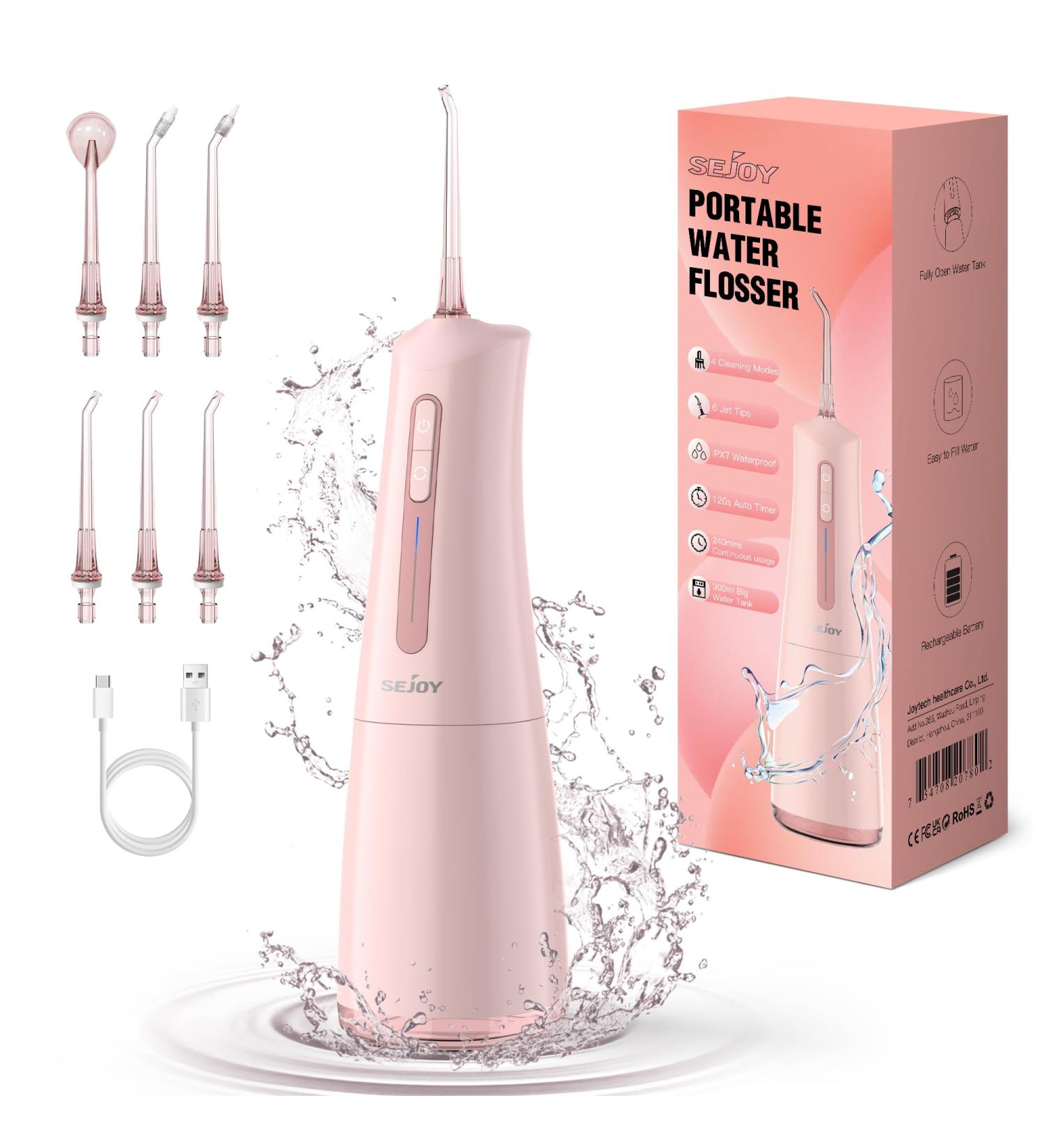 Water Flosser 300mL Tank 4 Modes 6 Jet Tips Dental Oral Irrigator USB Rechargeable Cordless Water Dental Picks Teeth Cleaning IPX7 Waterproof Pink - Buy Online on GoSupps.com