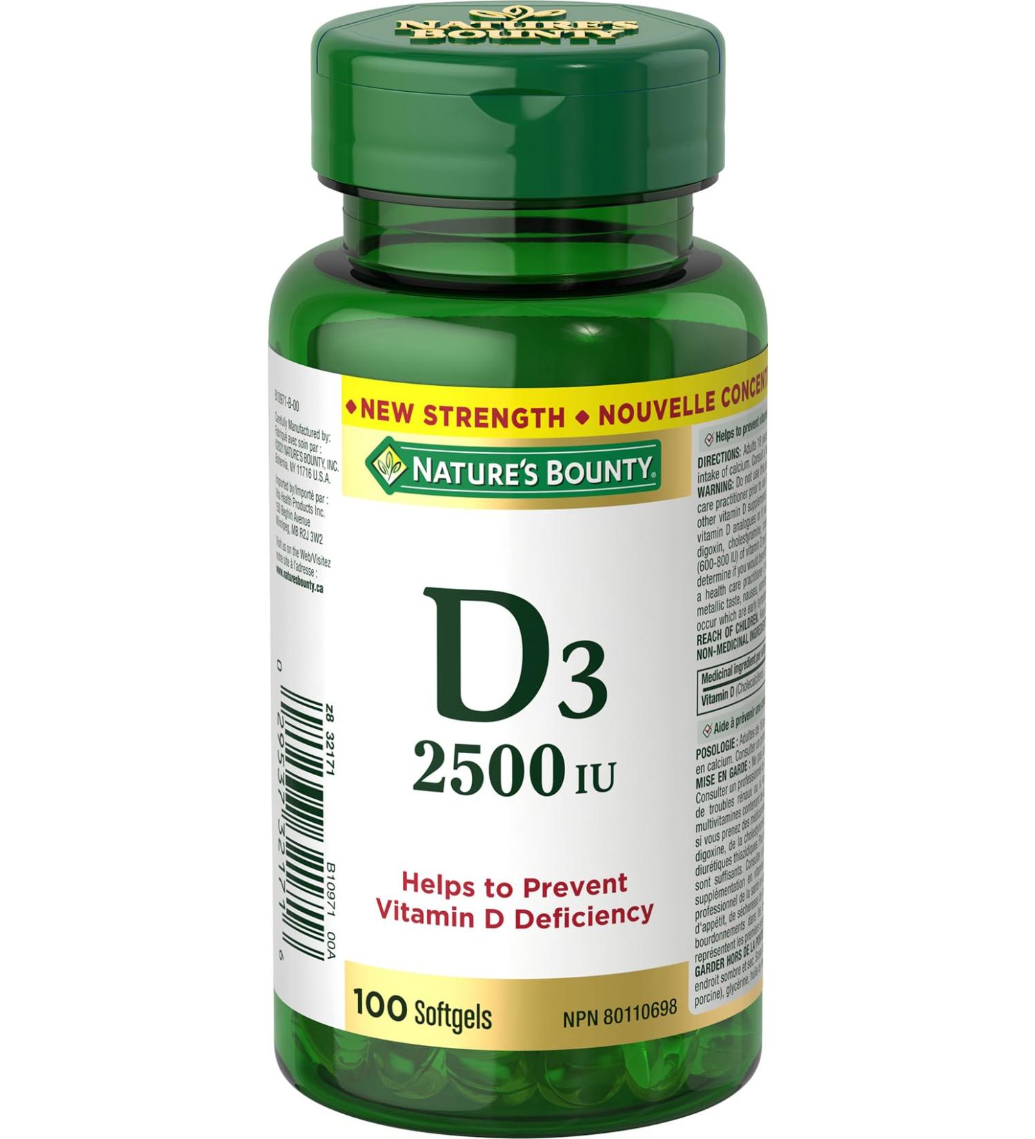 Nature's Bounty Vitamin D3 2500 IU Helps to prevent Vitamin D deficiency 100 Softgels - Buy Online on GoSupps.com