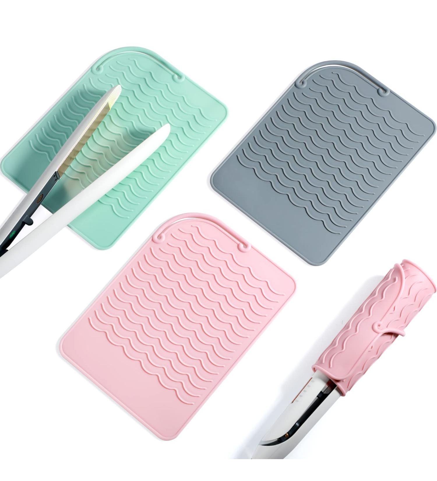3 Pack Heat Resistant Straightener Pads | 8.6 x 6.2 Inch Silicone Mat Set for Curling Iron, Flat Iron & Hair Dryer | Salon Tools Holder | Pink Green Gray - Buy Online on GoSupps.com