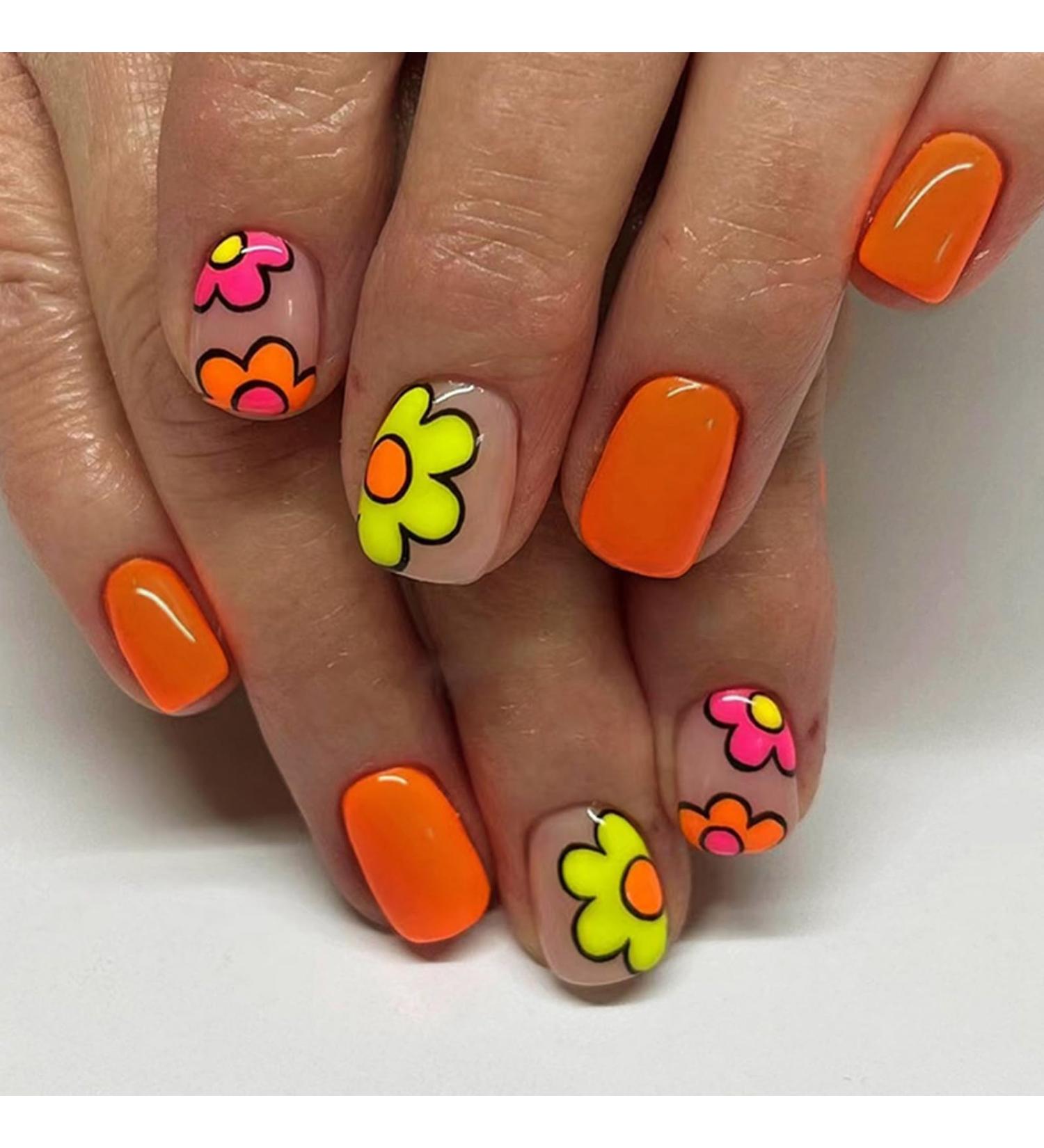 Glossy French Tips Short Square False Nails - 24Pcs Cute Cartoon Flower Design | Reusable Press on Nails with Glue Stickers | Nail Art Accessories for Women and Girls - Buy Online on GoSupps.com
