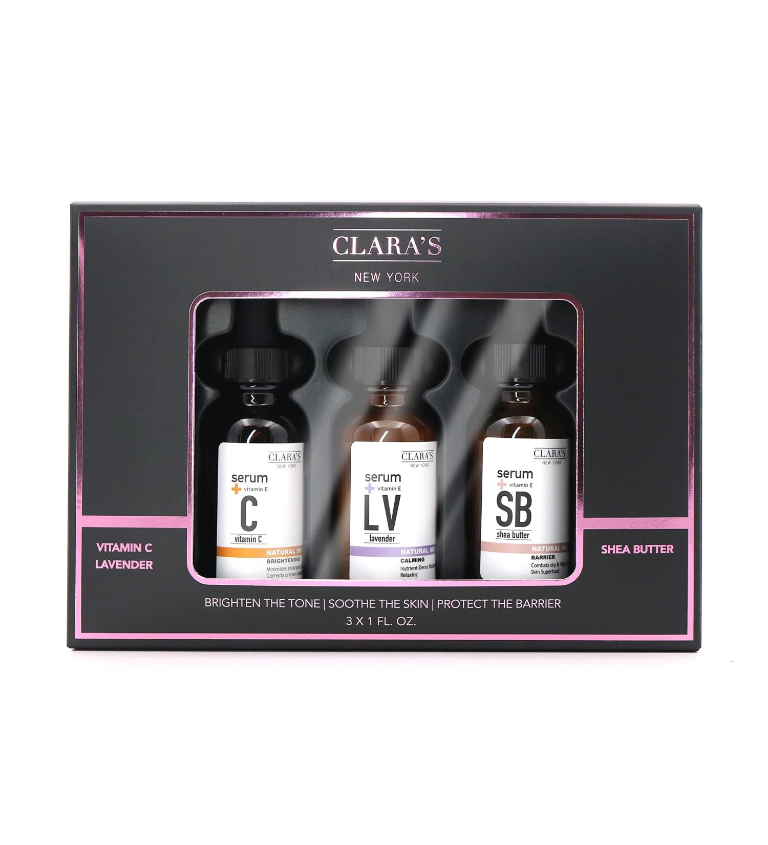 Clara's New York Brighten the Tone Soothe the Skin Protect the Barrier Three Full Size Serums in Vitamin C Lavender and Shea Butter Gif Set 3x 30ml - Buy Online on GoSupps.com
