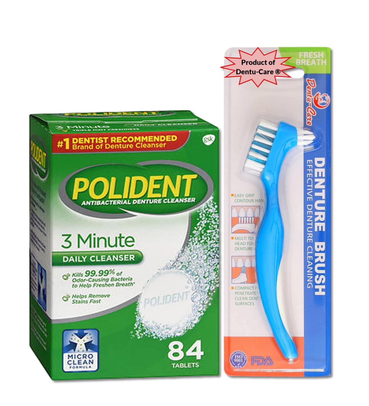 Buy Dentu-Care & Polident 84 Tablets Bundle with Dentu-Care Brush - Optimal Oral Care for Full & Partial Dentures | International Shipping Available - Buy Online on GoSupps.com