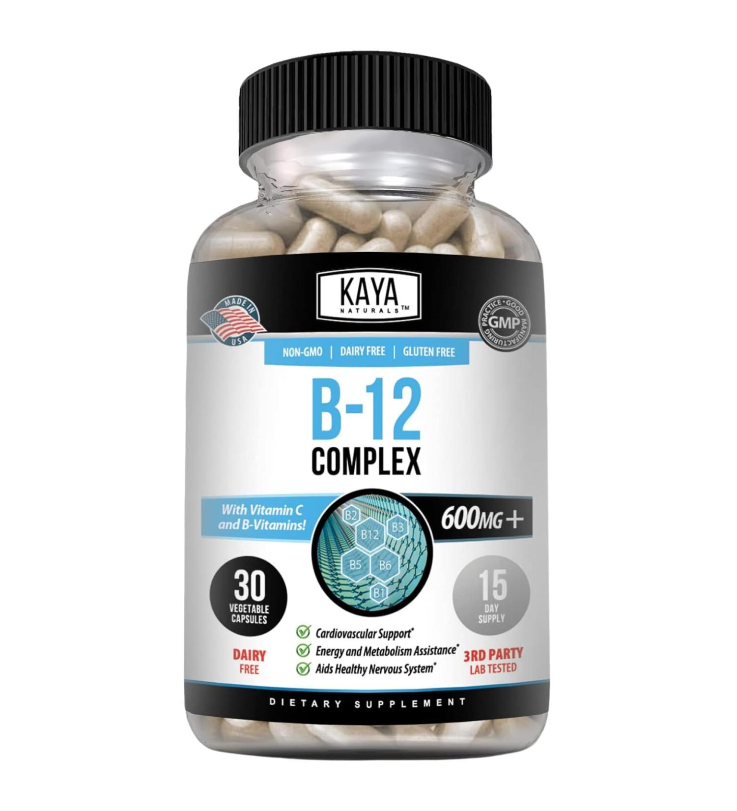 Kaya Naturals B-12 Complex | Multivitamin Supplement for Women & Men Energy and Metabolism Booster | B-Complex Vitamin with Biotin Choline Inositol Folate and Vitamin C - 30 Capsules 30 Count (Pack of 1) - Buy Online on GoSupps.com