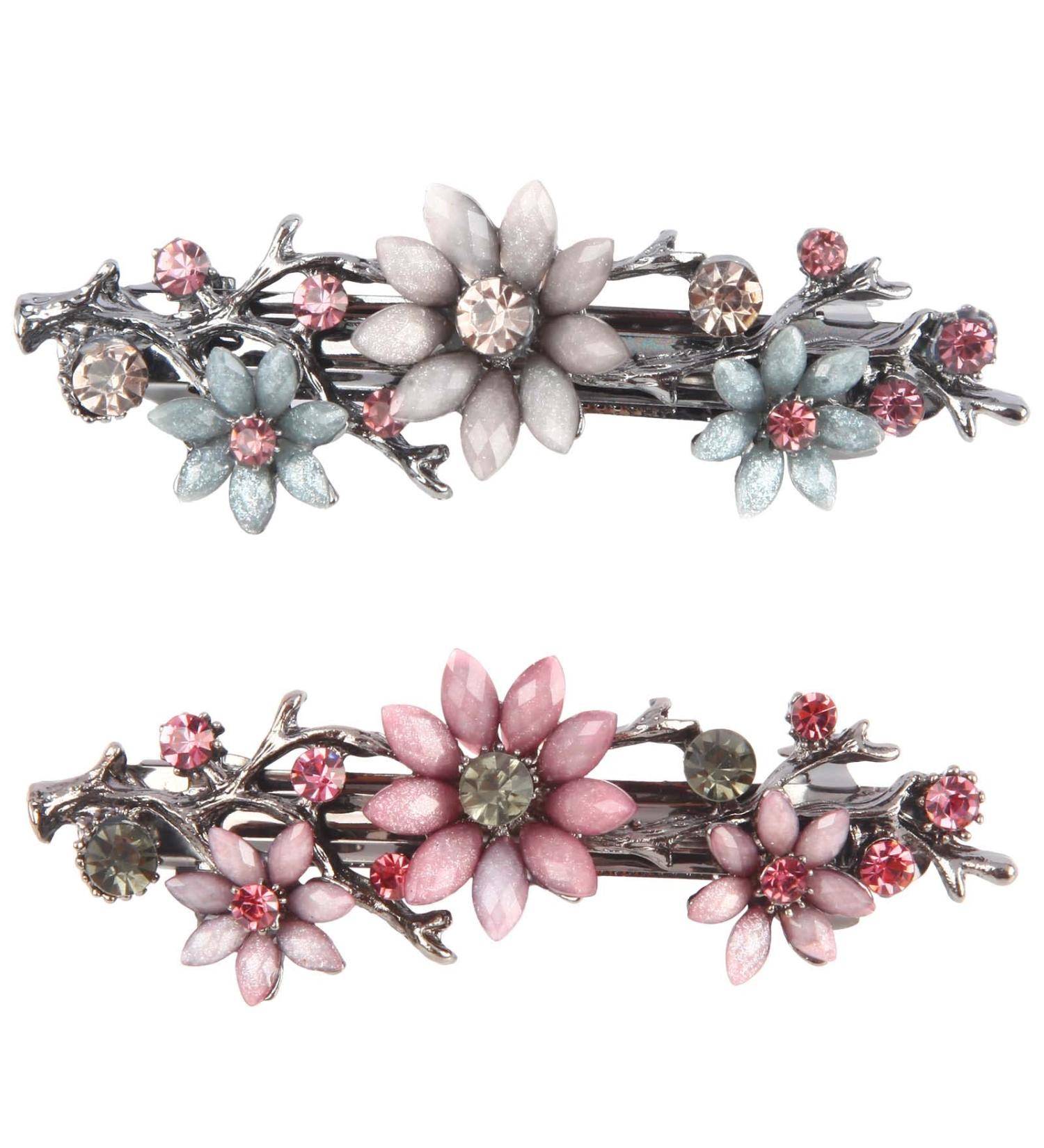 Elegant Flower Crystal Hair Clips for Women - 2 Piece Glittering Vintage Hairpins | Pink & Pale Blue Wreath Hair Jewelry - Buy Online on GoSupps.com