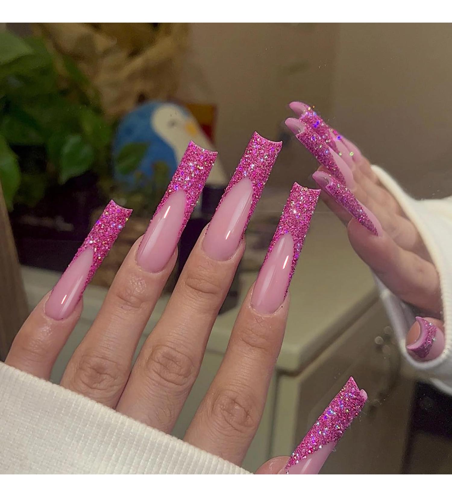 MISUD Extra Long Square Press on Nails - Matte Bling Glitter Acrylic Nails Fuchsia Sparkly Sequins French Tip Design - 24 Pcs Artificial Nails for Glamorous Looks - Buy Online on GoSupps.com