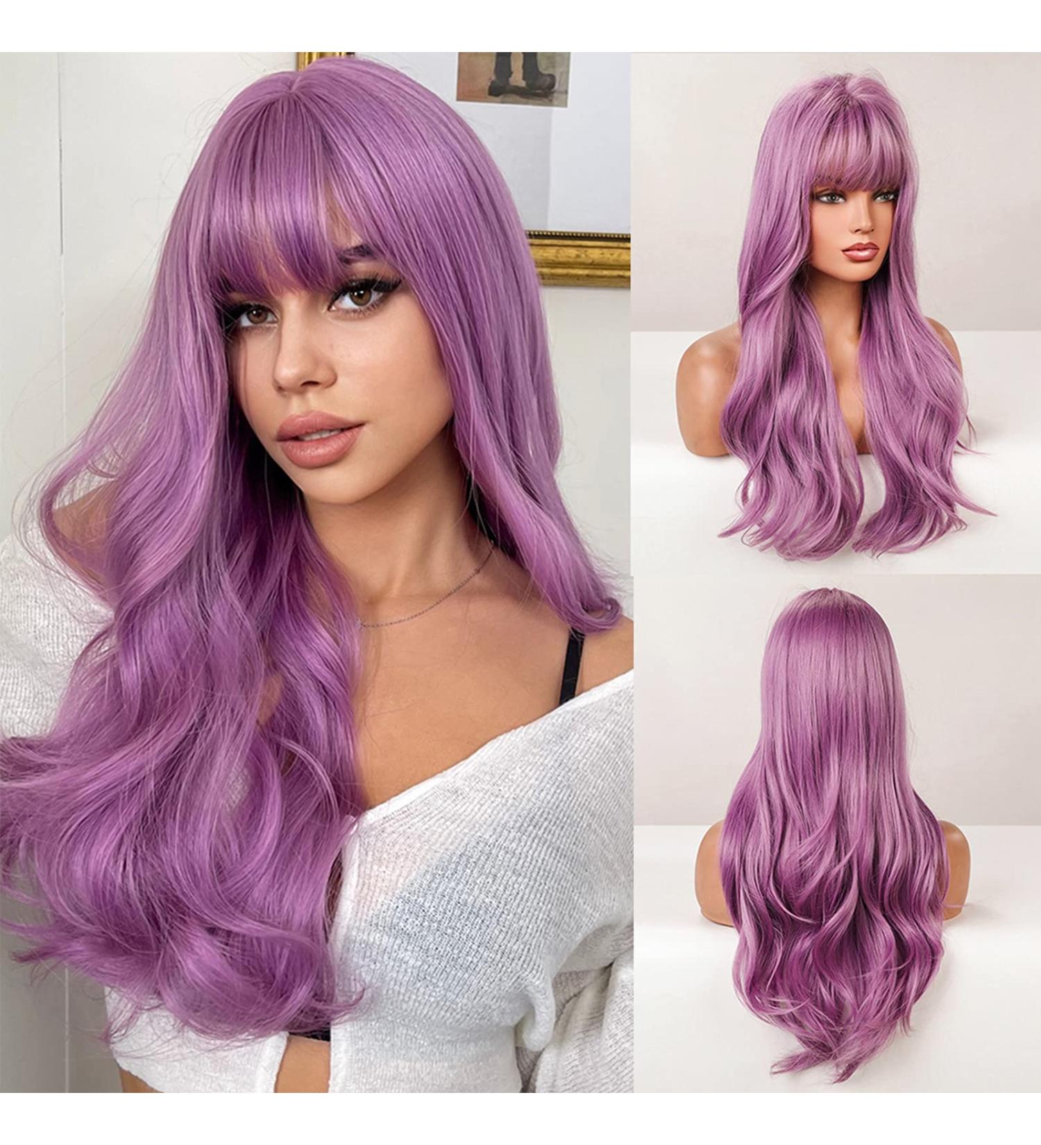 AISI QUEENS 26 inch Long Purple Wavy Wig with Bangs for Women - Heat Resistant Synthetic Wig for Halloween, Cosplay, and Daily Party - Buy Online on GoSupps.com