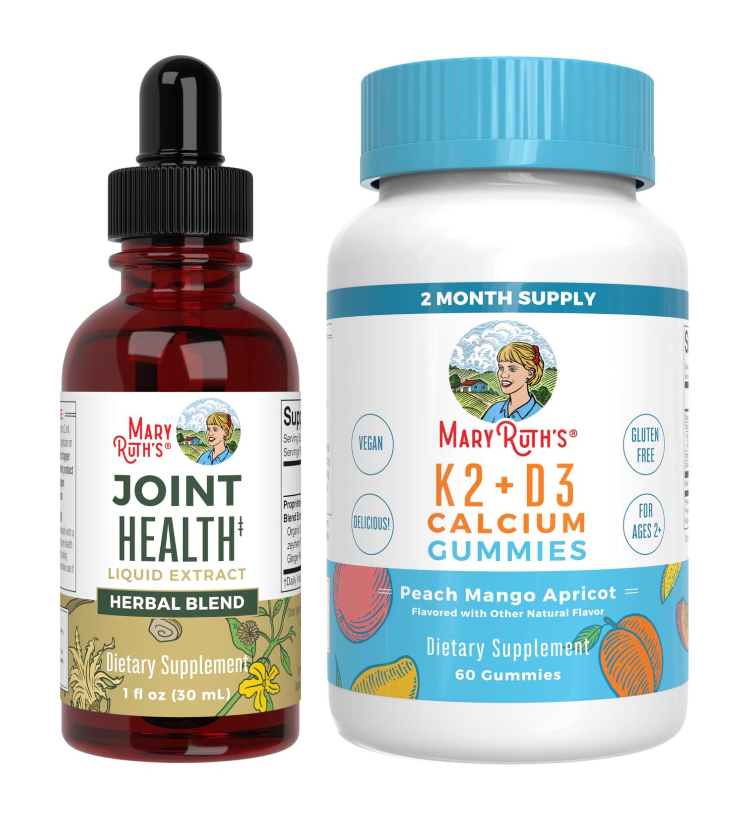 MaryRuth Organics Joint Health Liquid Drops & Vitamin K2+D3 Gummies (Peach Mango and Apricot) | Label Project Verified | Vitamins for Calcium Joints and Bone Support | Vegan Non-GMO Gluten Free - Buy Online on GoSupps.com