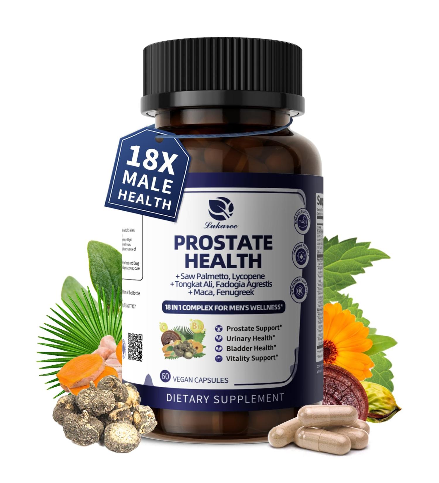Lukaree Prostate Health Supplements for Men - 18 in 1 Saw Palmetto with Pumpkin Seed & Nettle - Advanced DHT Blocker - Urinary Tract Health Support - with Ashwagandha Reishi 60 Capsules 60 Count (Pack of 1) - Buy Online on GoSupps.com