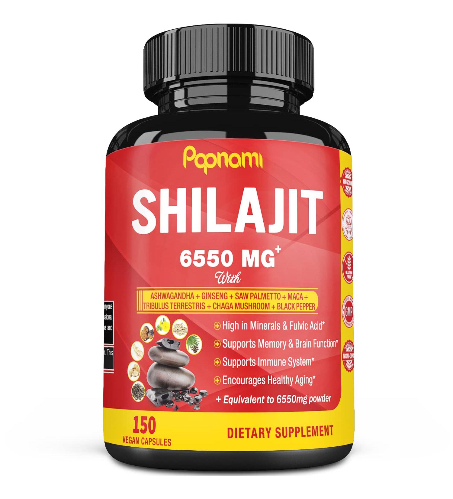 Shilajit Extract Capsules 6550mg + Ashwagandha, Ginseng, Saw Palmetto, Maca, Tribulus, Chaga, Pepper | 5 Month Supply | Immune & Brain Boost - Buy Online on GoSupps.com