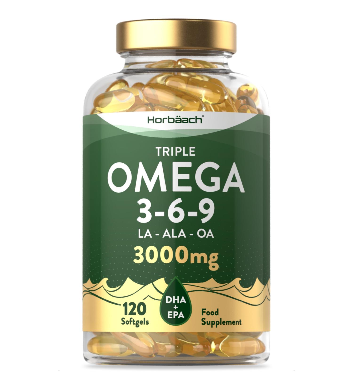 High Strength Omega 3 6 9 Capsules | 3000mg | 120 Softgels | Triple Omega 369 with EPA DHA & ALA | Fish Oil Flaxseed Sunflower | Horbaach - Buy Online on GoSupps.com