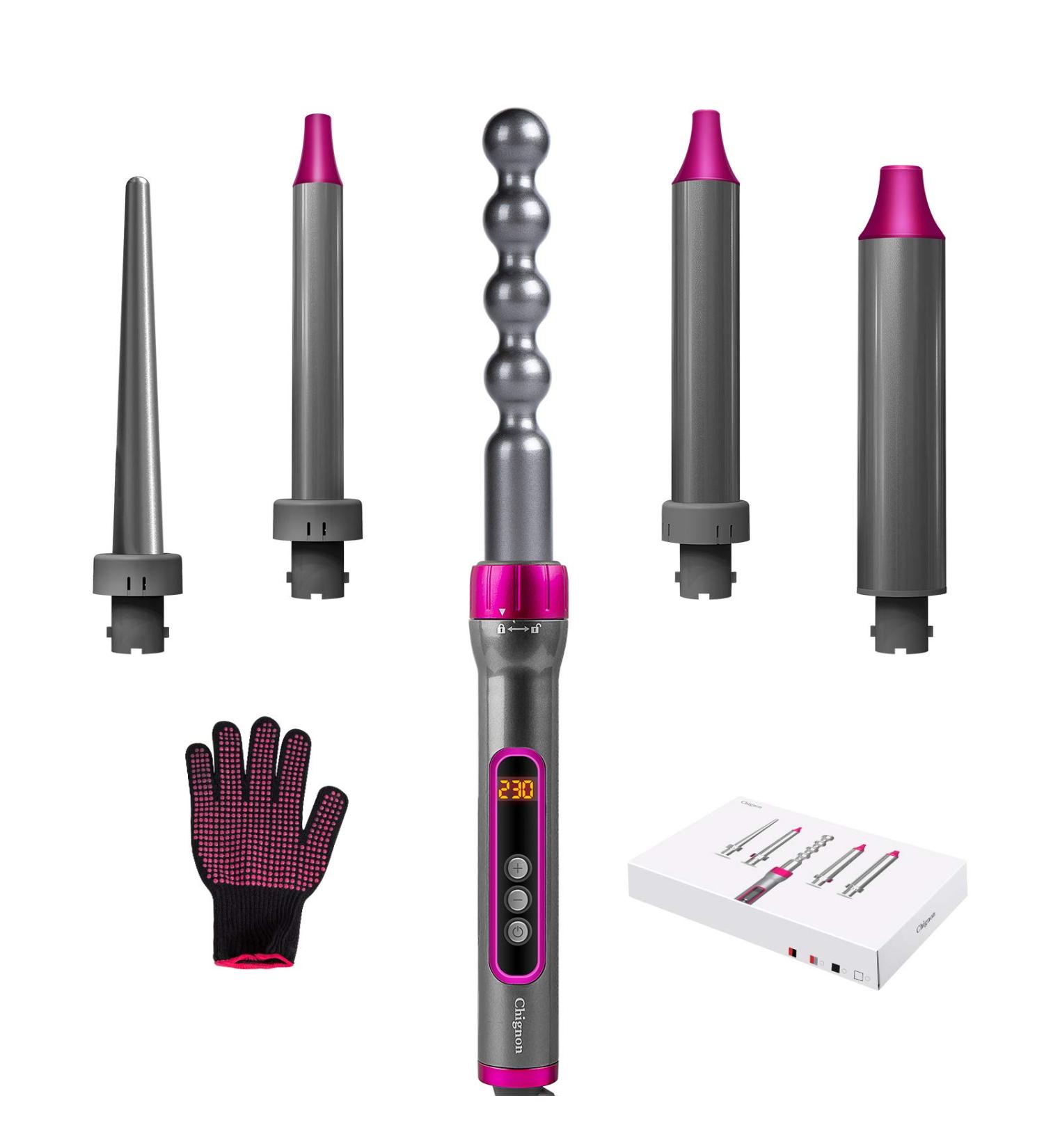 5 in 1 Hair Curling Wand Set with Ceramic Barrel, Temperature Adjustment - Includes Clips and Glove for Long & Short Hair - Buy Online on GoSupps.com