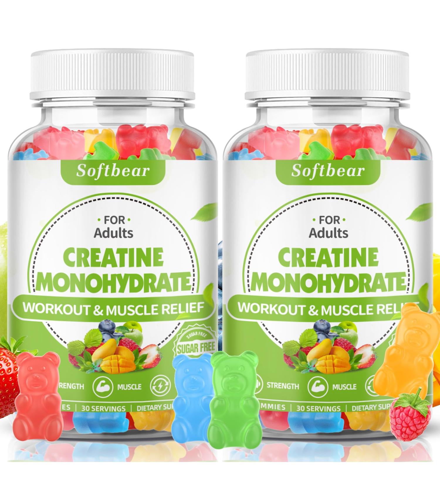 Softbear Creatine Monohydrate Gummies - Vegan Muscle Builder Supplement | 5000mg Creatine HCL | Pre Workout | 120 Mixed Fruit Gummies (Pack of 2) - Ideal for Men & Women - Buy Online on GoSupps.com