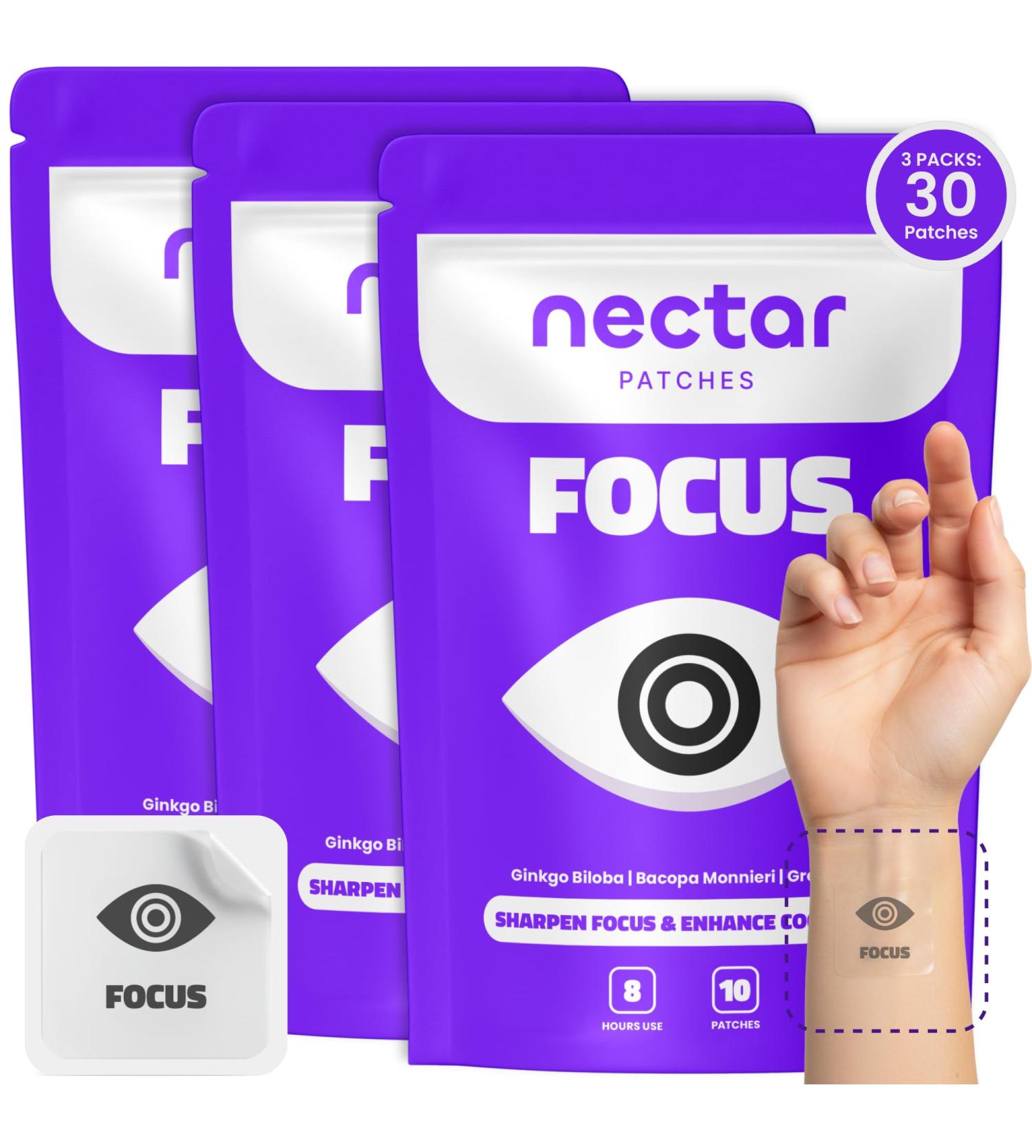 Nectar Focus Patches | Natural Cognitive Support with Ginkgo Biloba, Bacopa & Magnesium for Memory Mental Clarity Neuro Patches for Work, Study Clean Plant-Based Nootropic Alternative | 30 Count - Buy Online on GoSupps.com