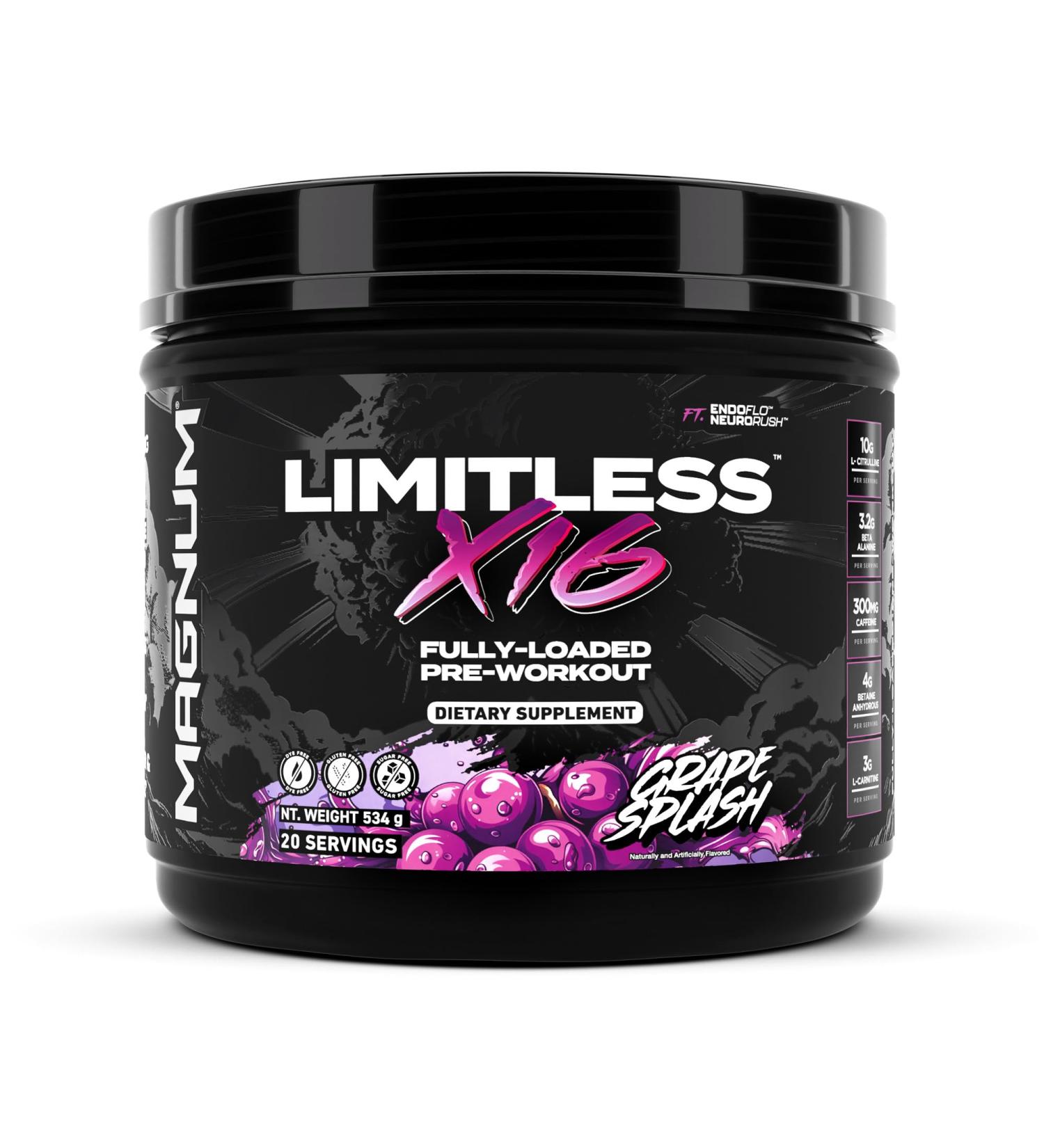 LIMITLESS Magnum Nutraceuticals x16 Fully Loaded Preworkout 20/40 Servings Grape Splash Flavor High-Energy Focus Strength & Endurance for Maximum Performance
